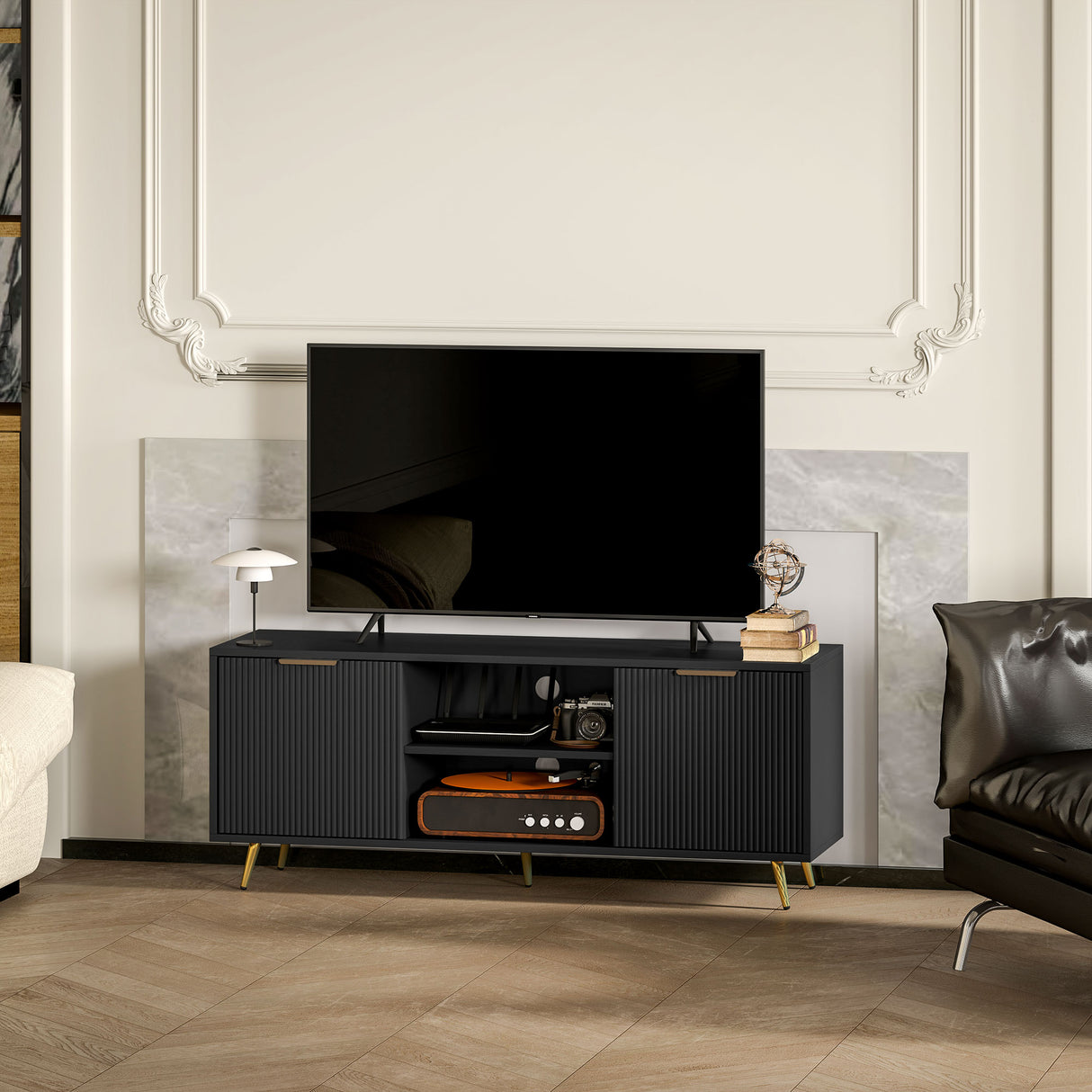 Particle Board TV Stand 120cm Wide With 2 Doors With Gold Legs - Velmora