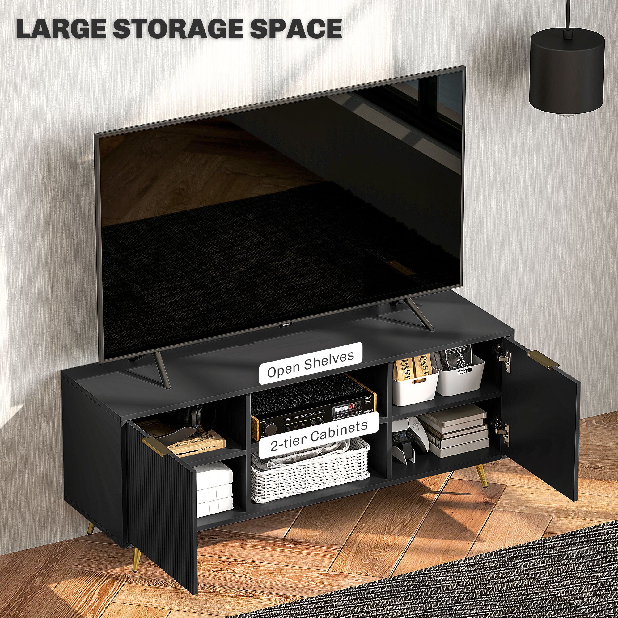 Particle Board TV Stand 120cm Wide With 2 Doors With Gold Legs - Velmora