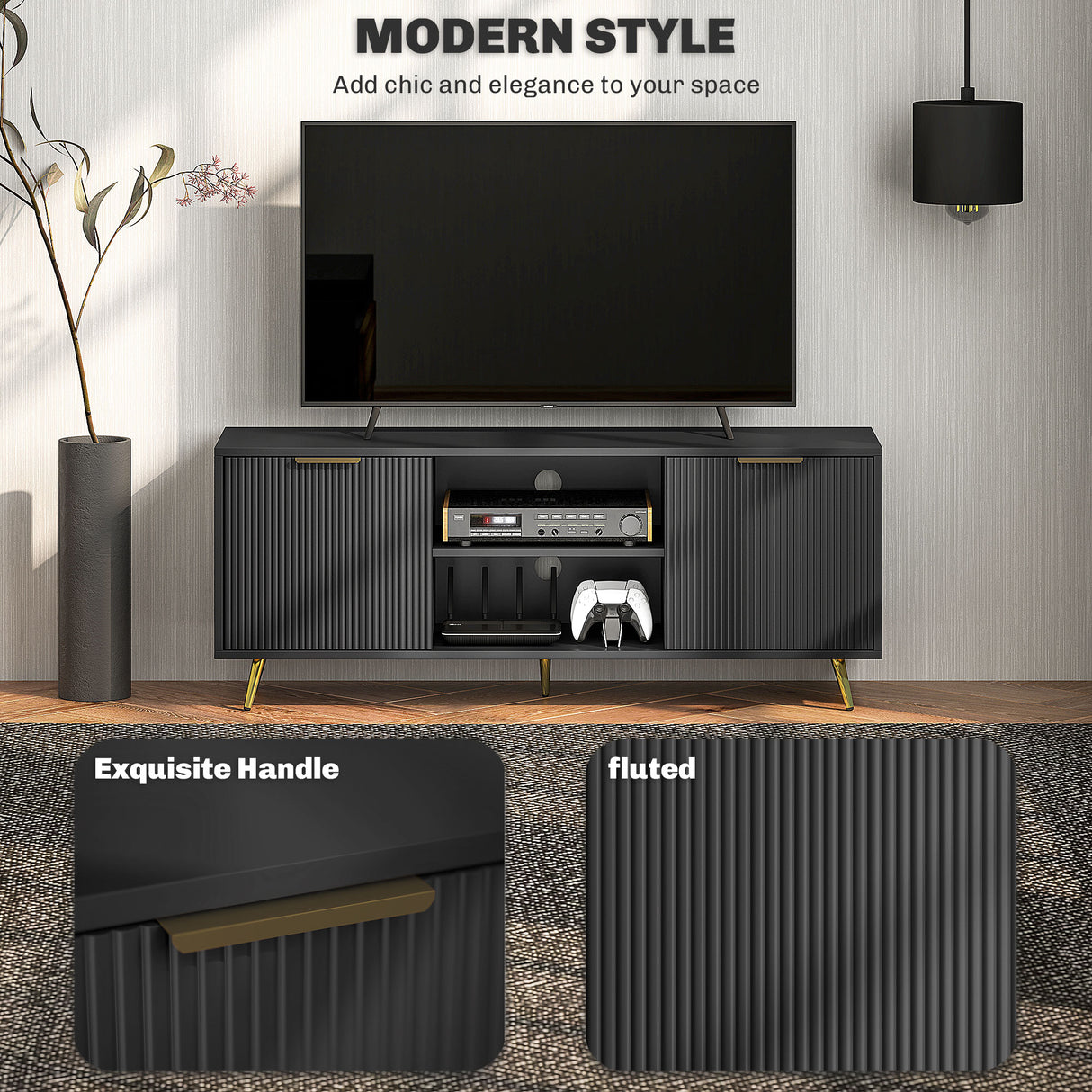 Particle Board TV Stand 120cm Wide With 2 Doors With Gold Legs - Velmora