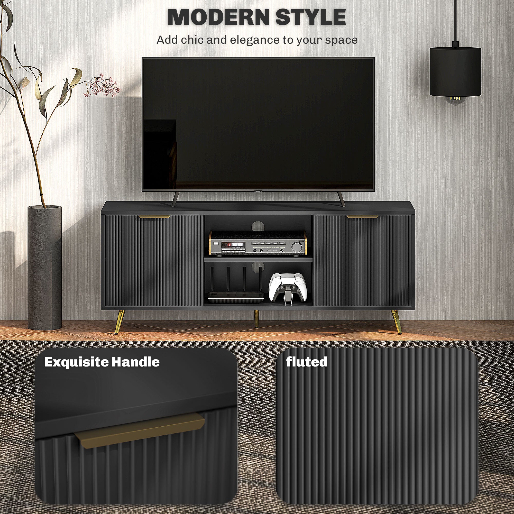 Particle Board TV Stand 120cm Wide With 2 Doors With Gold Legs - Velmora