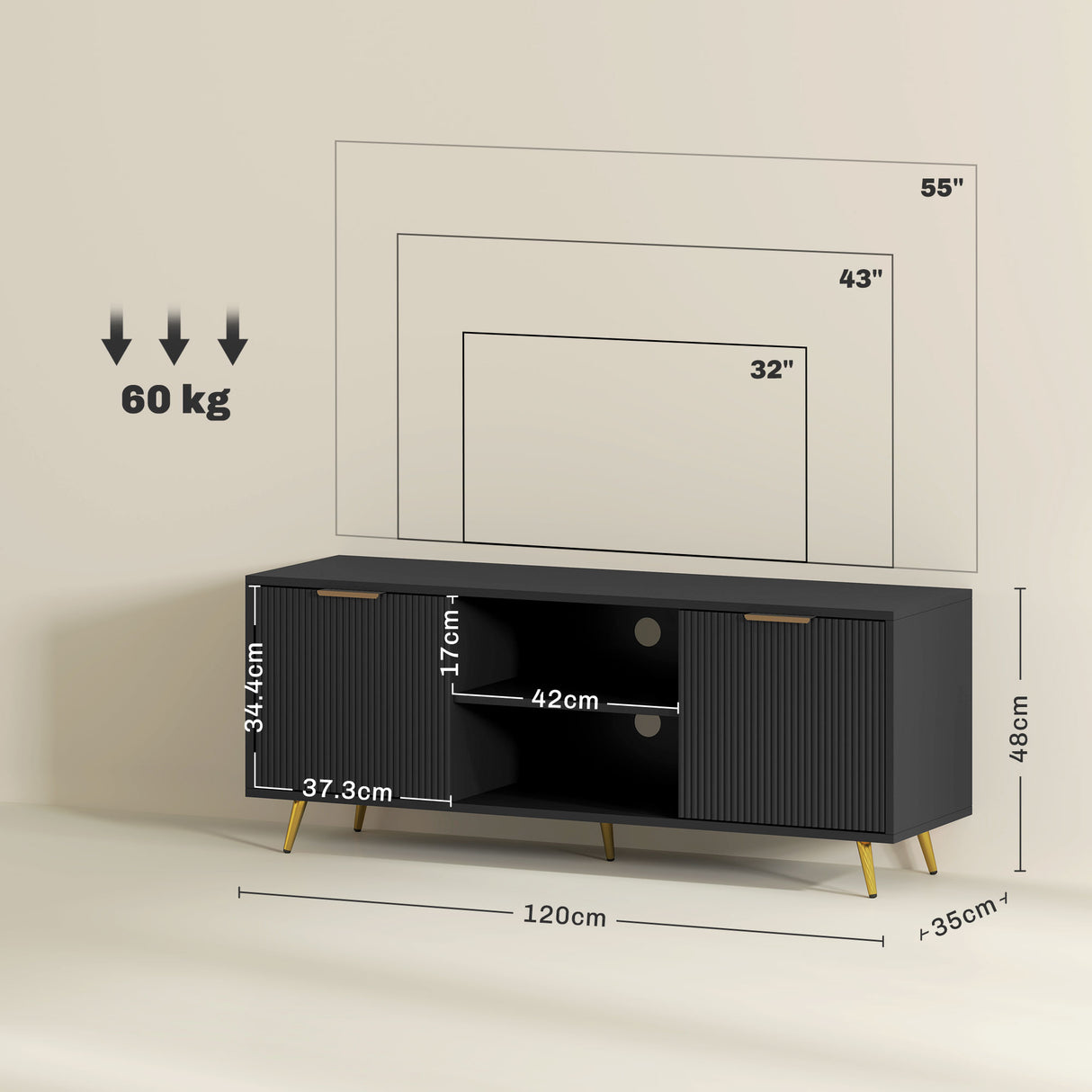 Particle Board TV Stand 120cm Wide With 2 Doors With Gold Legs - Velmora