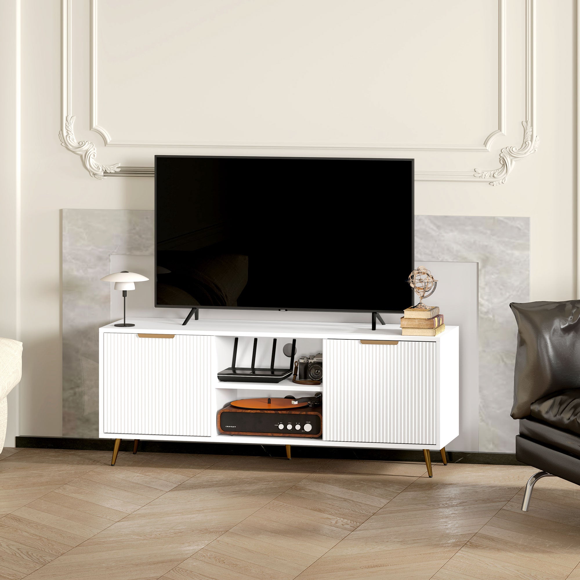 Particle Board TV Stand 120cm Wide With 2 Doors With Gold Legs - Velmora