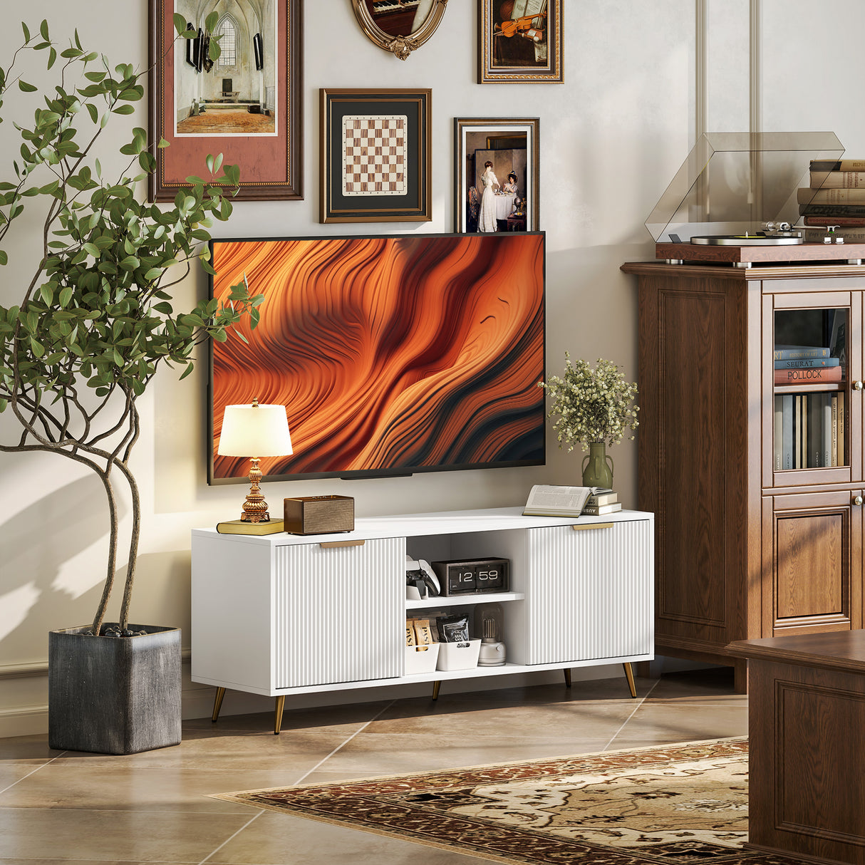 Particle Board TV Stand 120cm Wide With 2 Doors With Gold Legs - Velmora