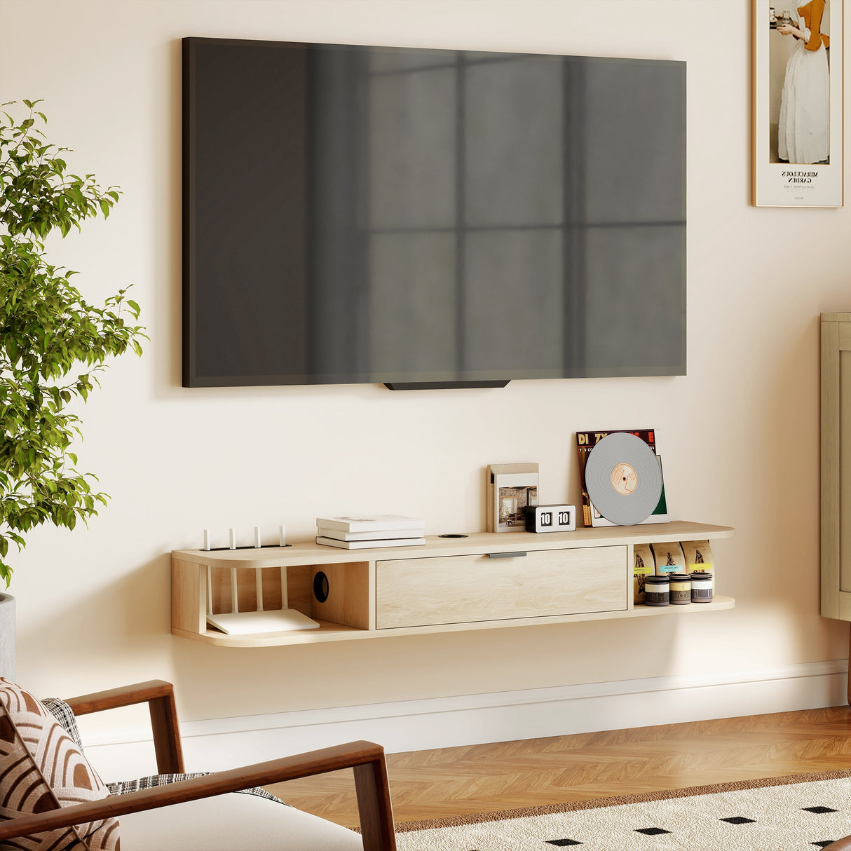 Particle Board Wall Mounted Floating TV Stand 120cm Wide With Flip Up Drawer - Velmora