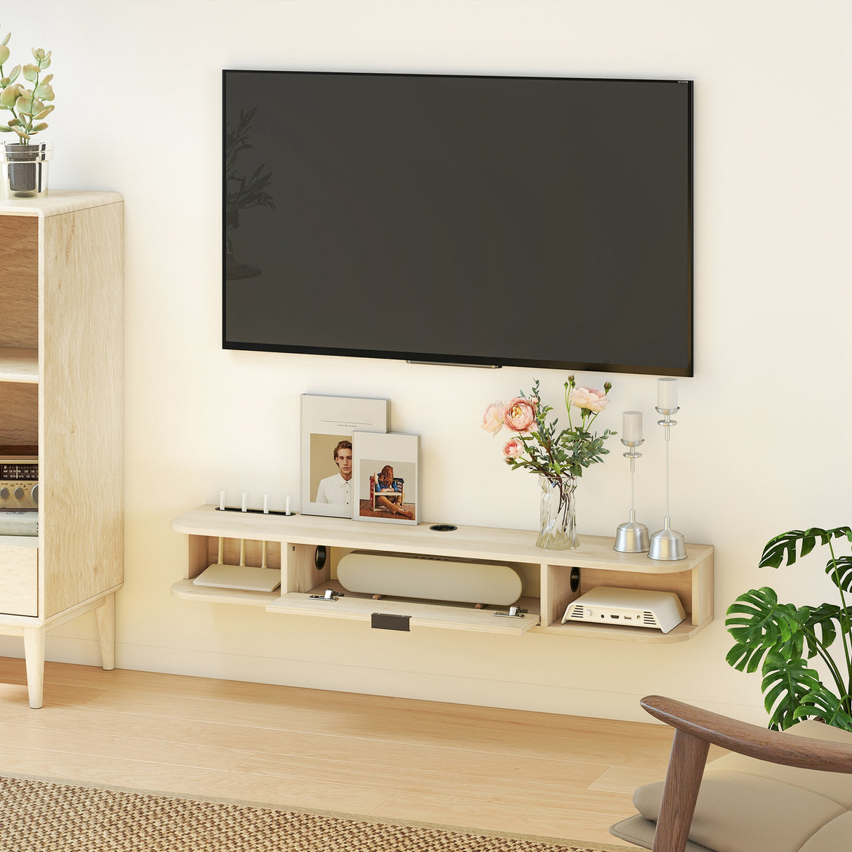 Particle Board Wall Mounted Floating TV Stand 120cm Wide With Flip Up Drawer - Velmora