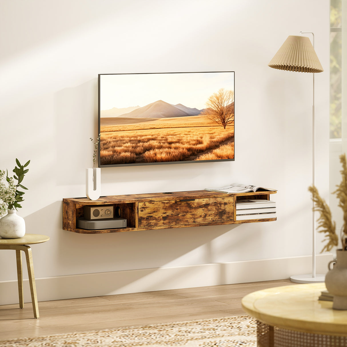 Particle Board Wall Mounted Floating TV Stand 120cm Wide With Flip Up Drawer - Velmora