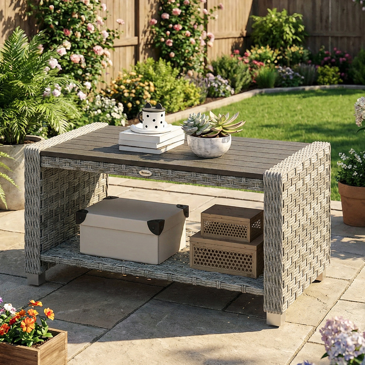 PE Rattan Outdoor Garden Coffee Table With Storage Shelf - Velmora