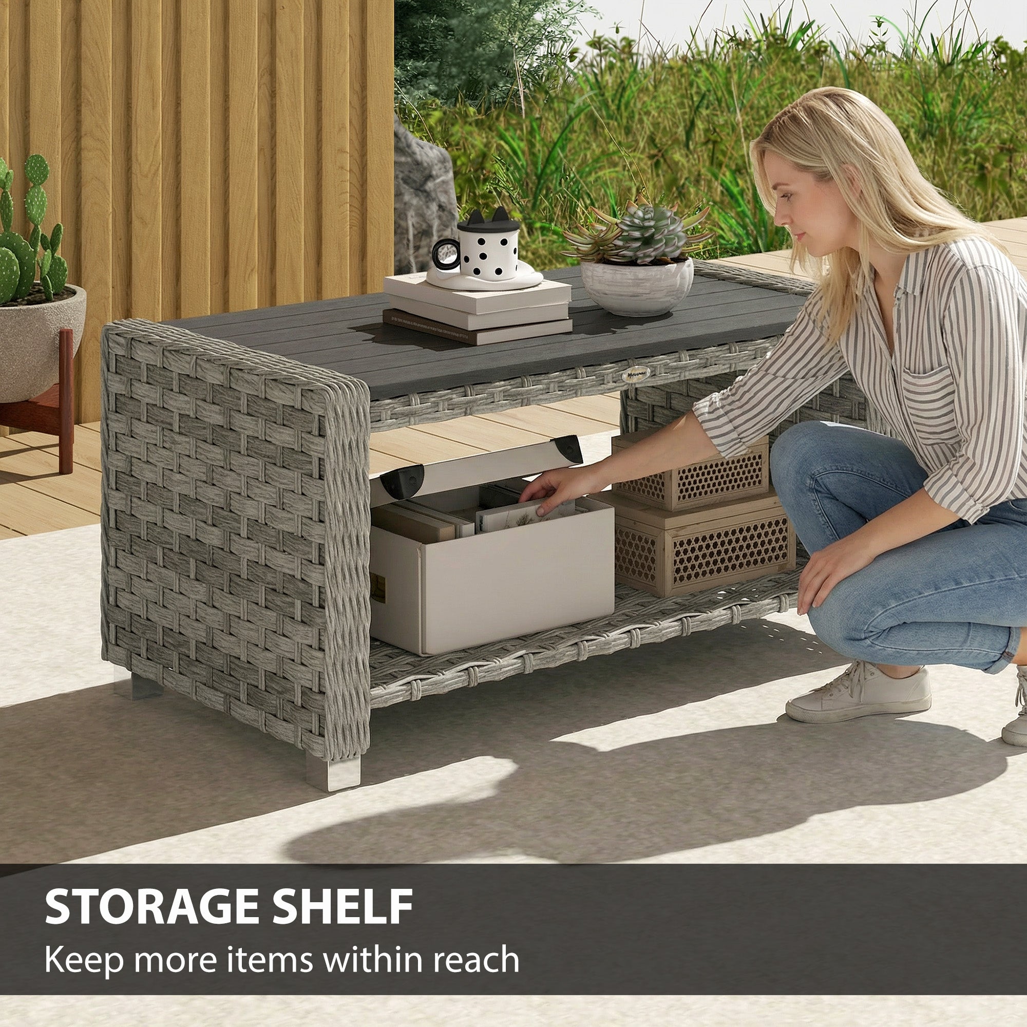 PE Rattan Outdoor Garden Coffee Table With Storage Shelf - Velmora