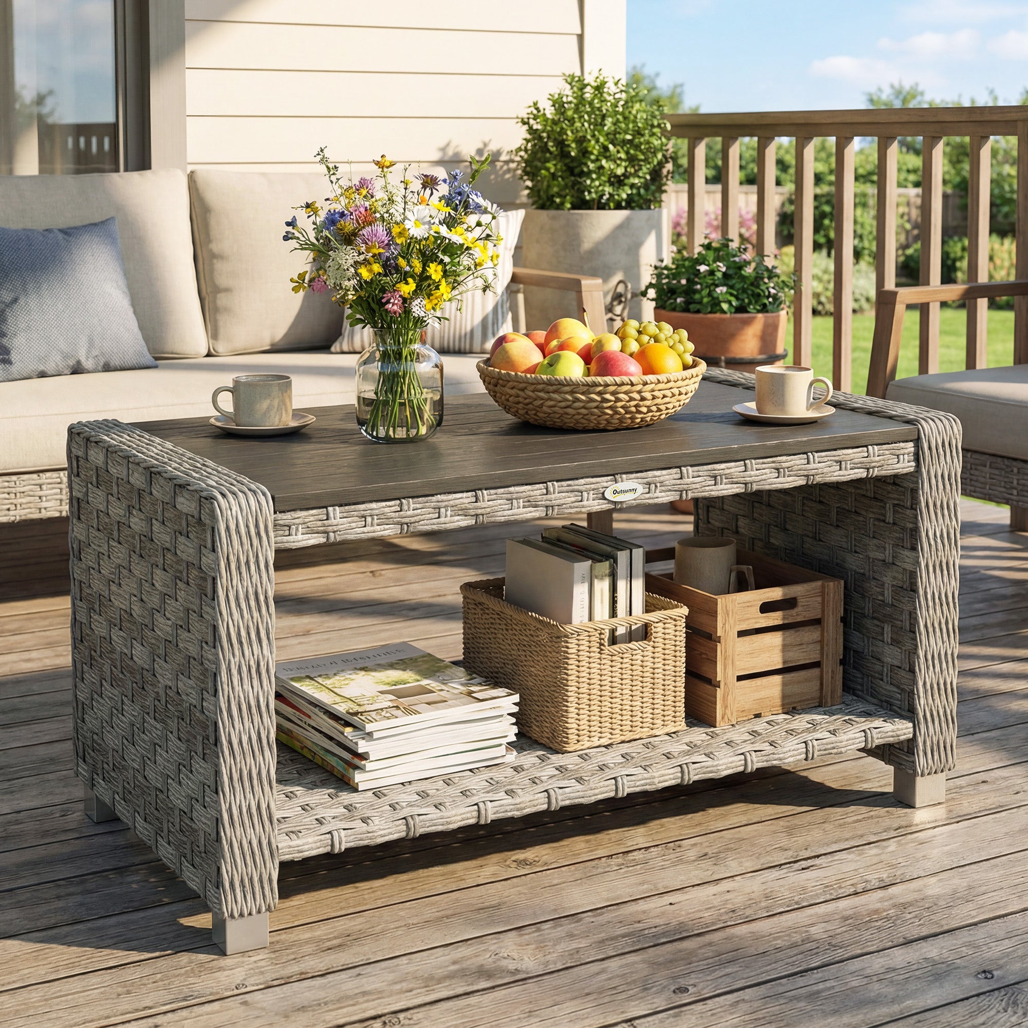 PE Rattan Outdoor Garden Coffee Table With Storage Shelf - Velmora