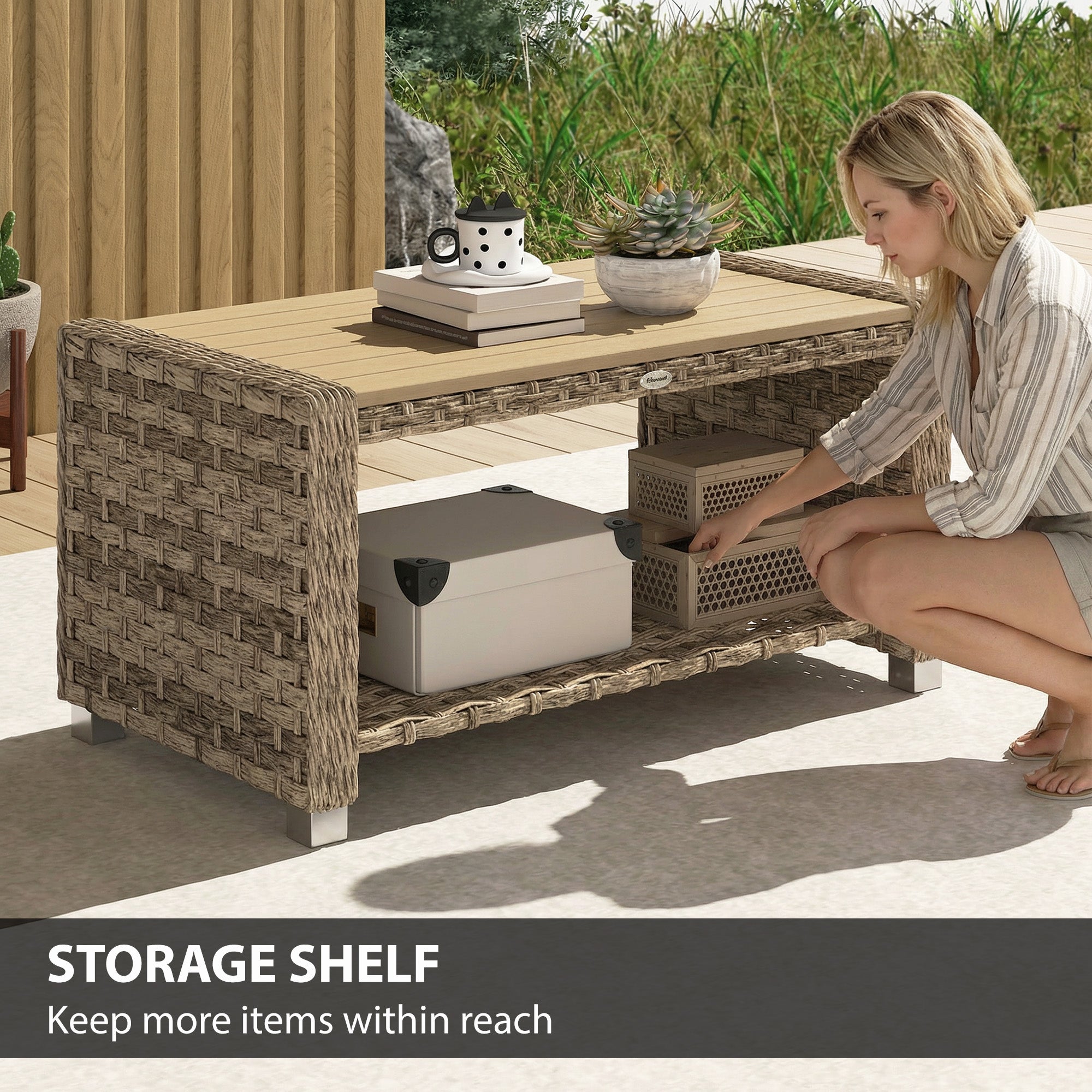 PE Rattan Outdoor Garden Coffee Table With Storage Shelf - Velmora