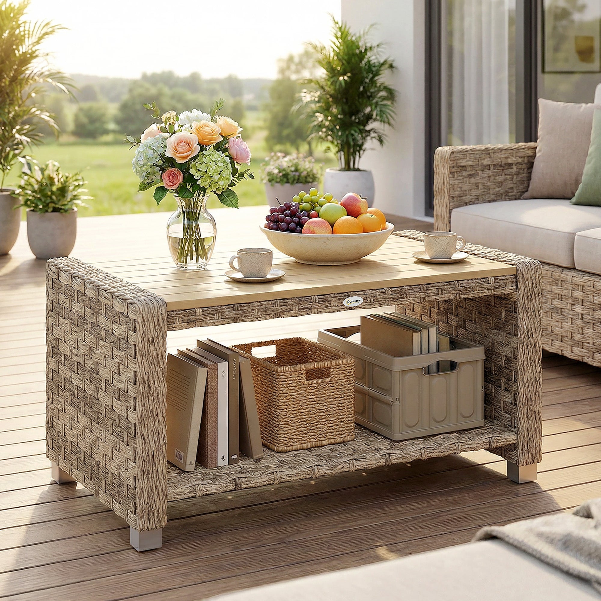 PE Rattan Outdoor Garden Coffee Table With Storage Shelf - Velmora