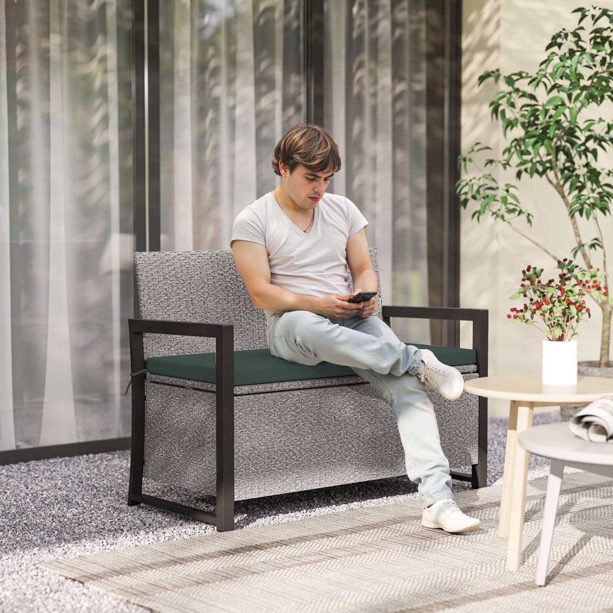 PE Rattan Outdoor Garden Bench 151.5Ltr With Storage - Velmora