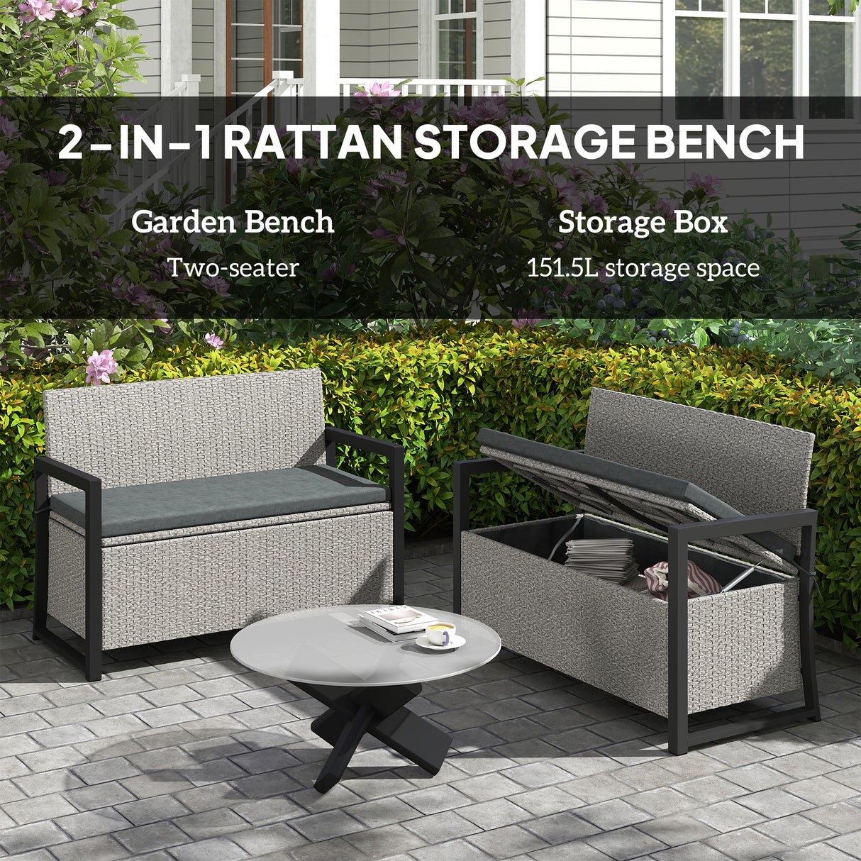 PE Rattan Outdoor Garden Bench 151.5Ltr With Storage - Velmora