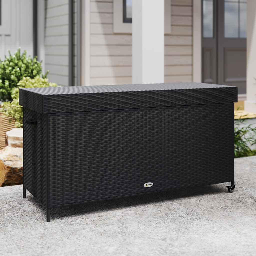 PE Rattan Outdoor Garden Storage Box 627Ltr With 2 Brake Wheels - Velmora