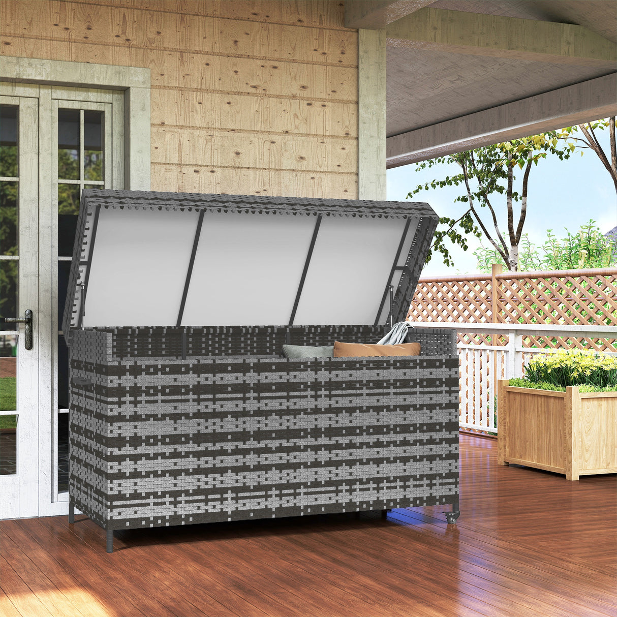 PE Rattan Outdoor Garden Storage Box 627Ltr With 2 Brake Wheels - Velmora
