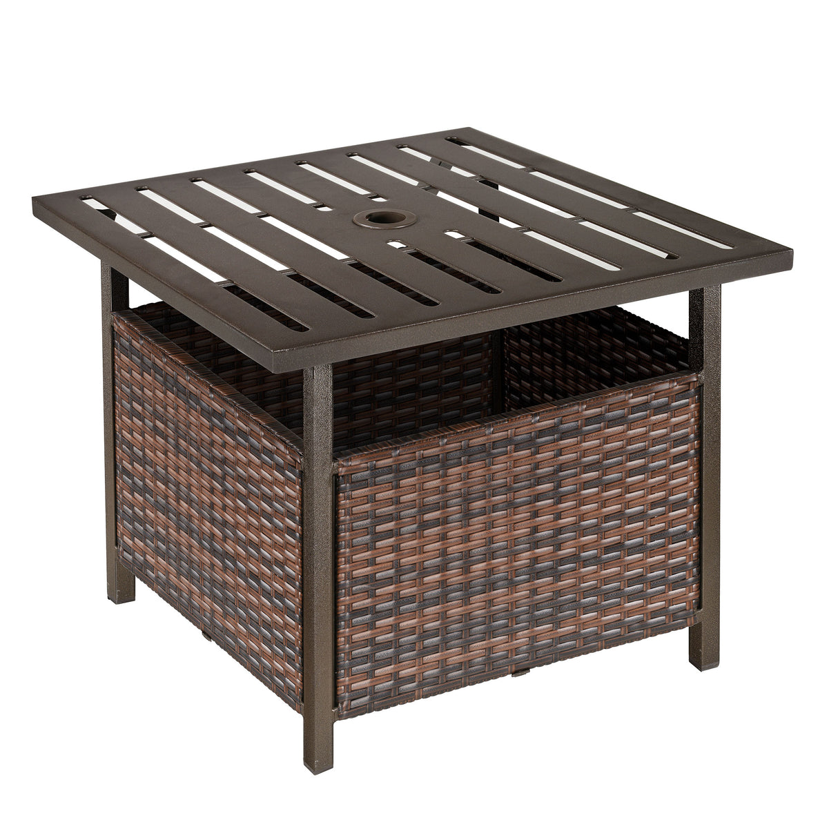 PE Rattan Slatted Top Outdoor Garden Coffee Table With Umbrella Hole - Velmora