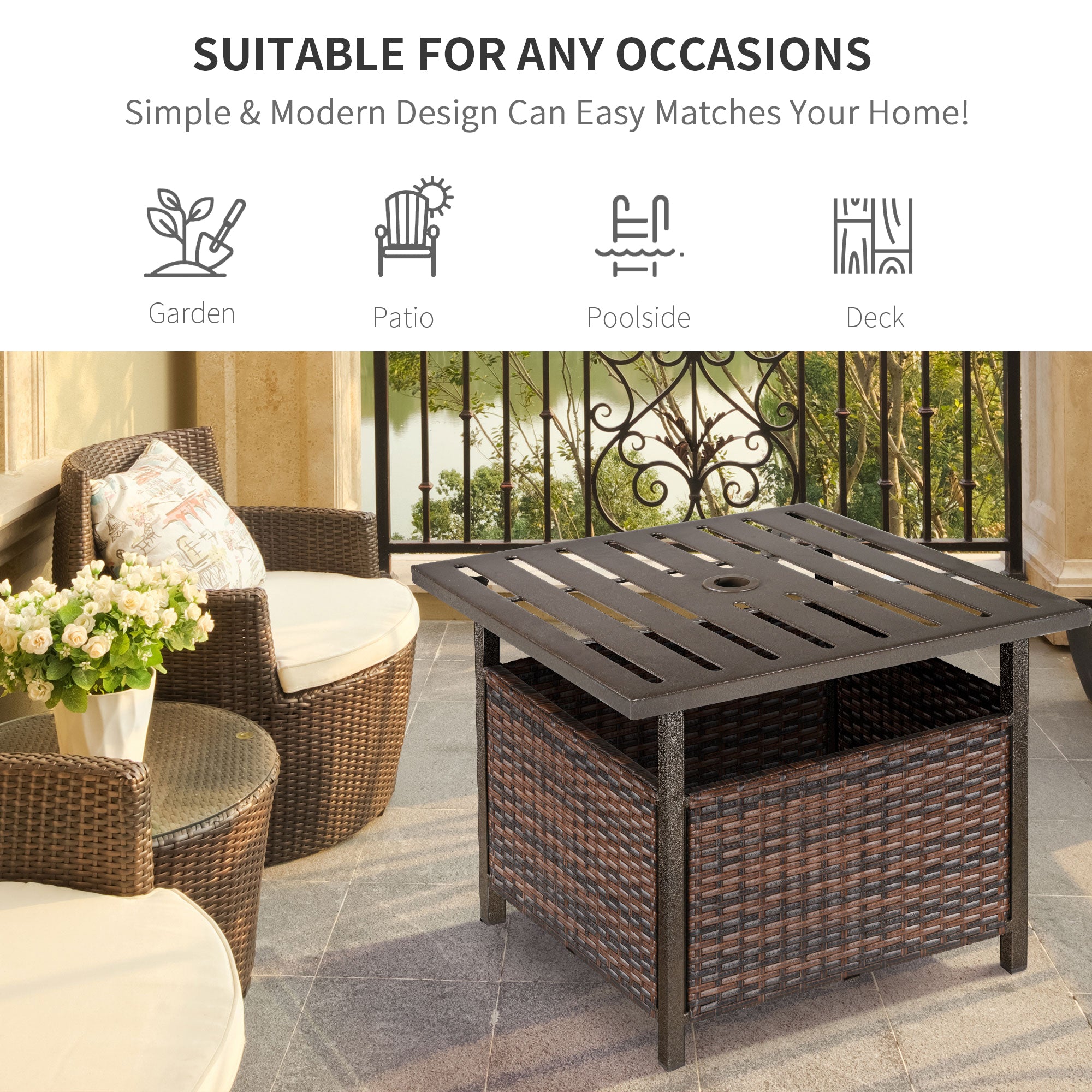 PE Rattan Slatted Top Outdoor Garden Coffee Table With Umbrella Hole - Velmora