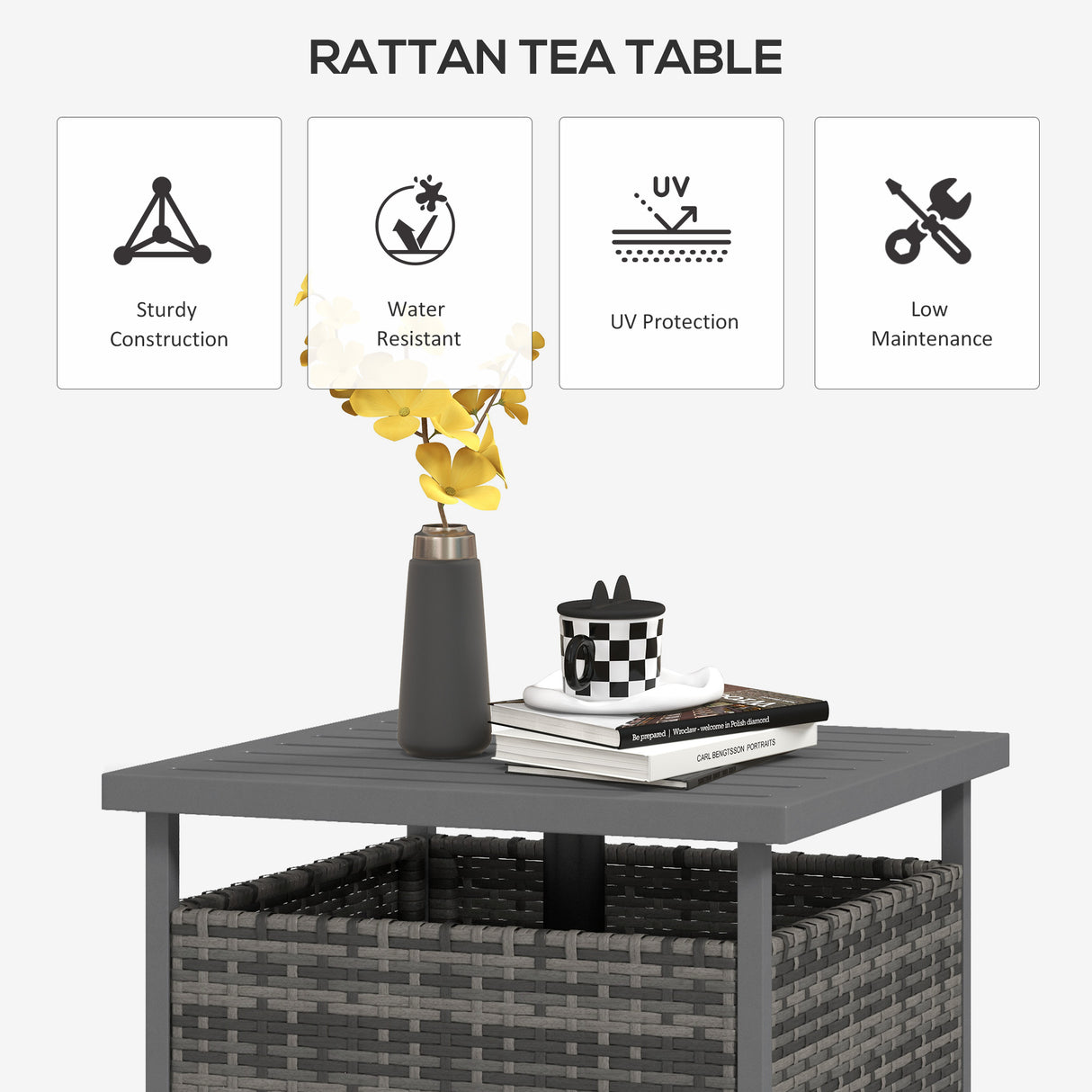 PE Rattan Slatted Top Outdoor Garden Coffee Table With Umbrella Hole - Velmora