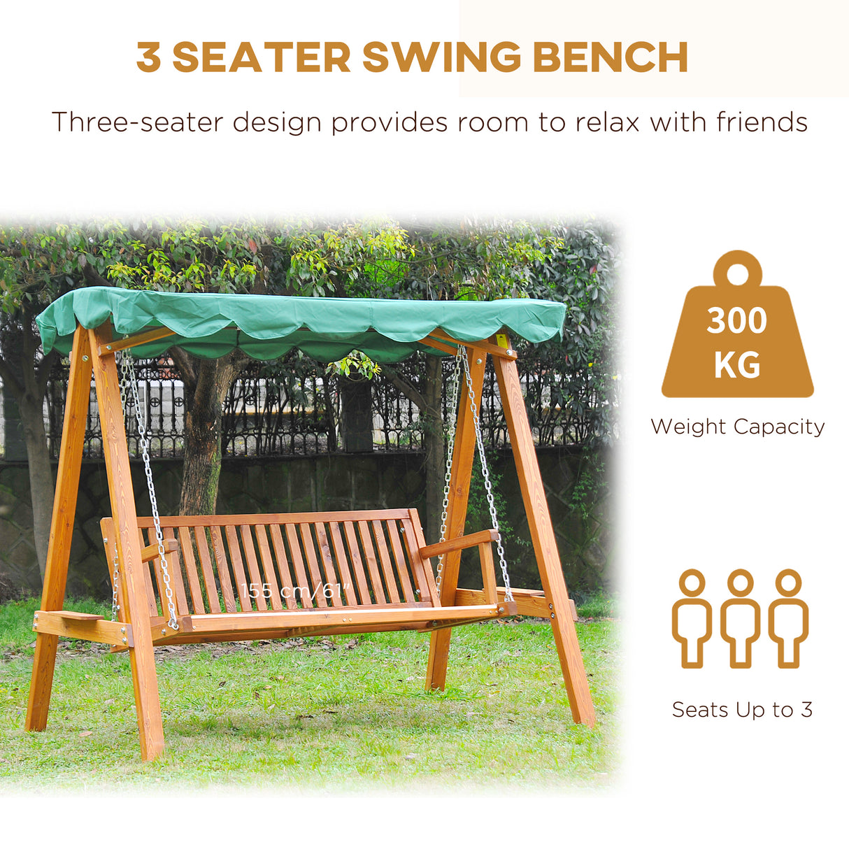 Pine Wood 3 Seater Garden Swing Hammock Bench - Velmora