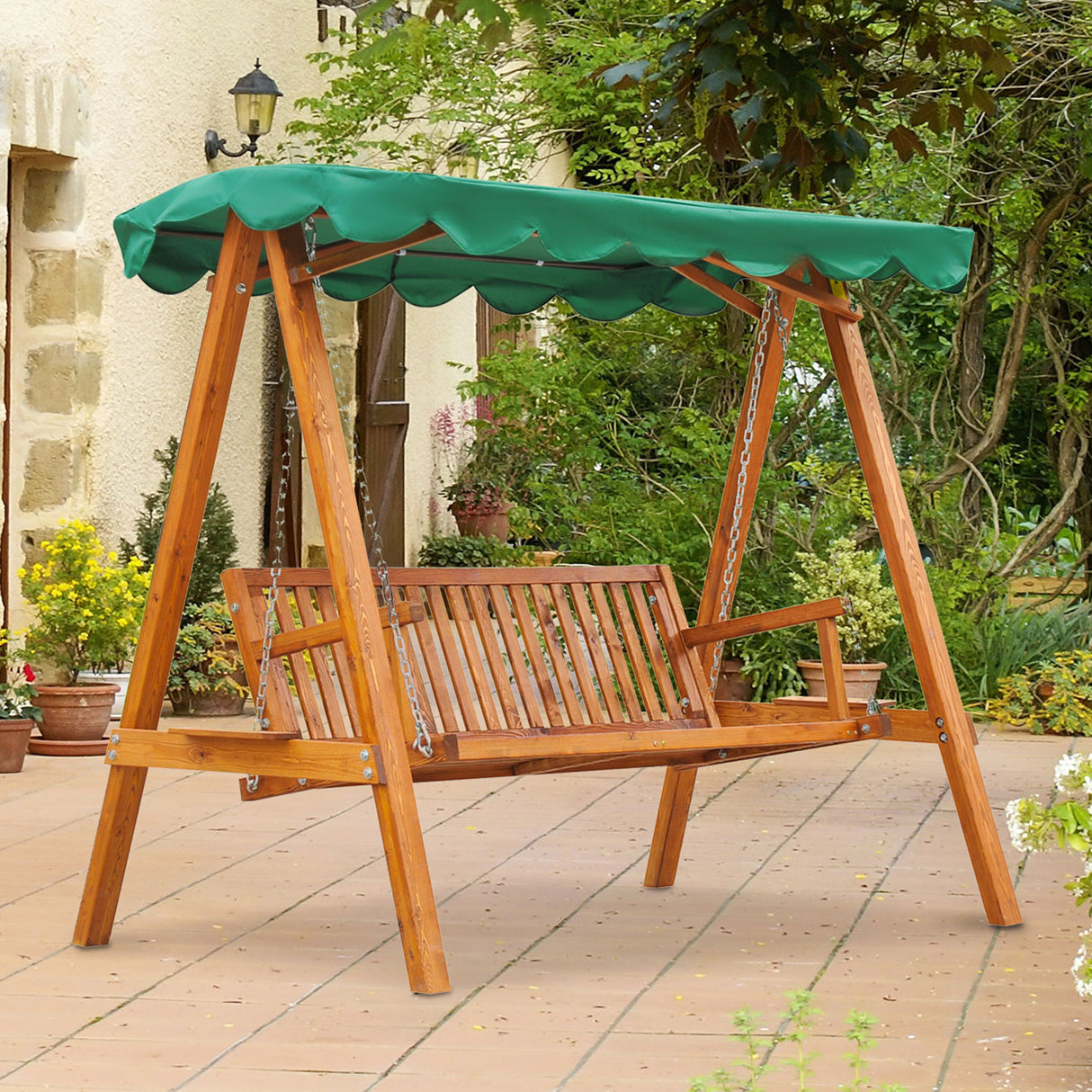 Pine Wood 3 Seater Garden Swing Hammock Bench - Velmora