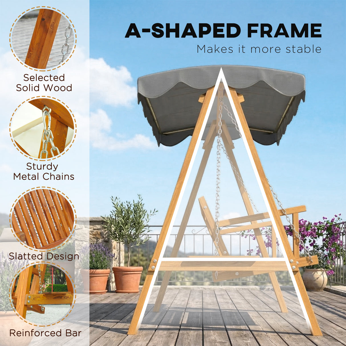 Pine Wood 3 Seater Garden Swing Hammock Bench - Velmora