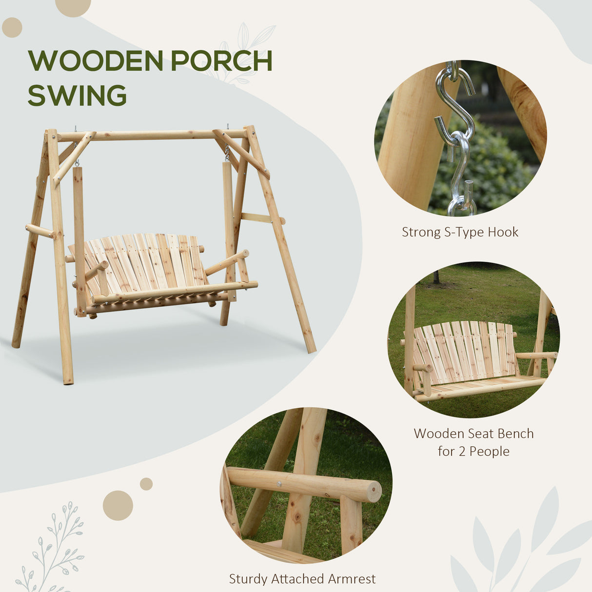 Pine Wood 2 Seater Garden Swing Chair Hammock Bench - Velmora