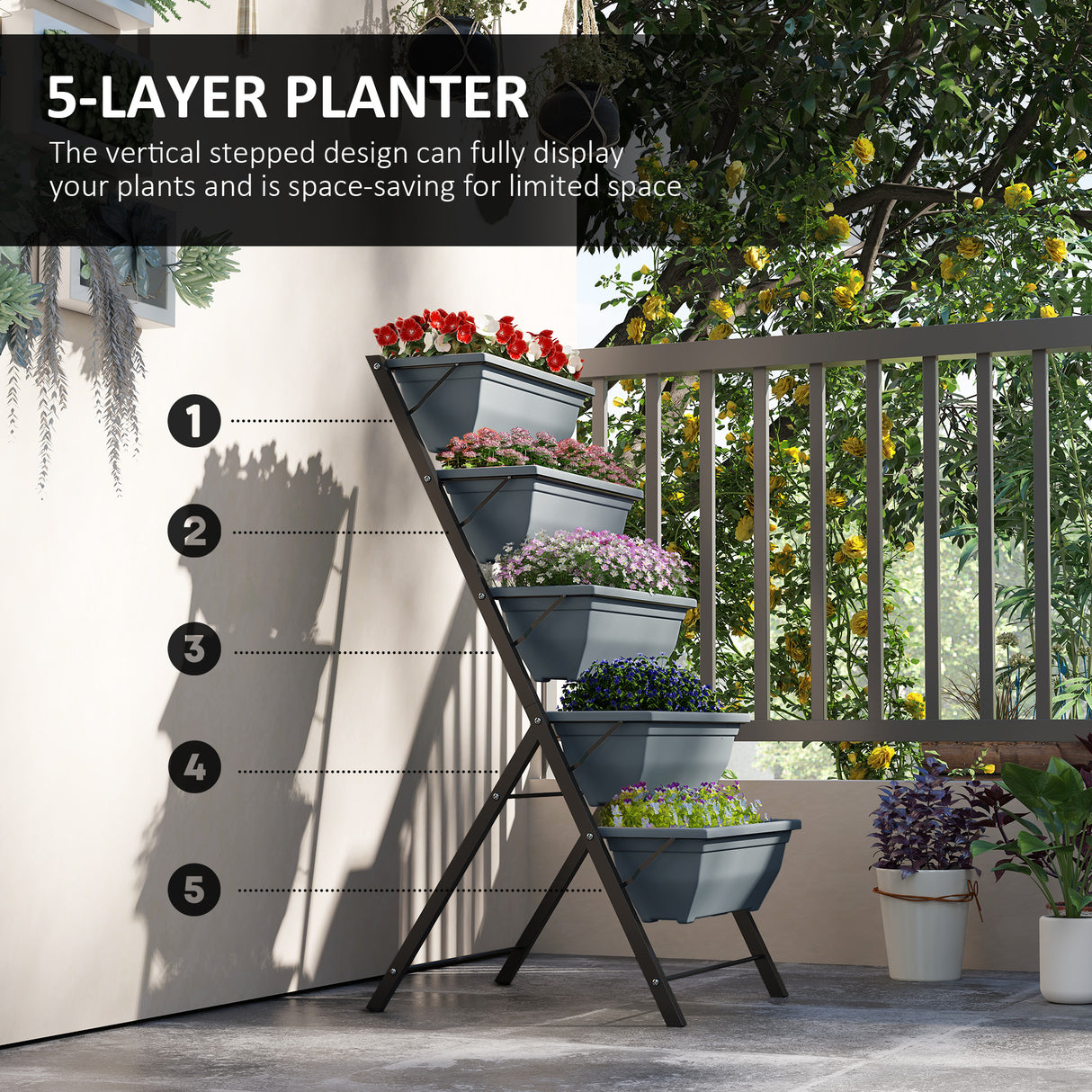 Plastic 5 Tier Garden Planter 55cm Wide With Steel Frame - Velmora