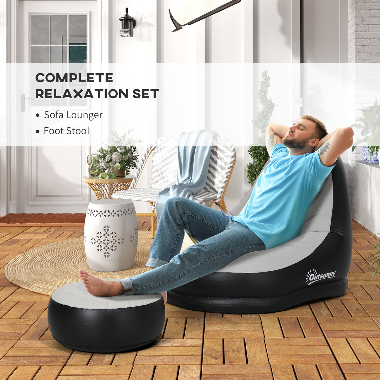Plastic Outdoor Inflatable Tub Chair and Footstool - Velmora