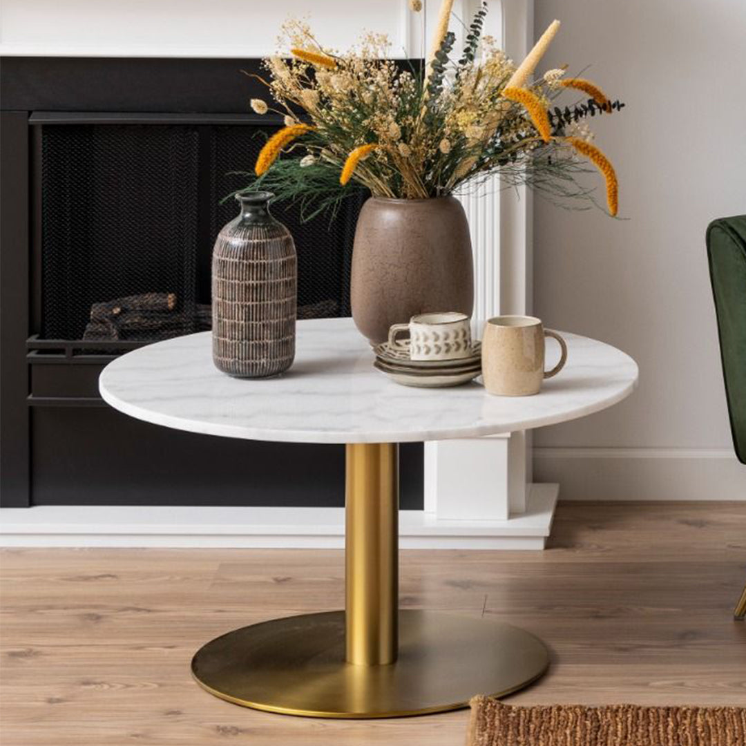Polished Marble Coffee Table Round With Gold Base - Corby
