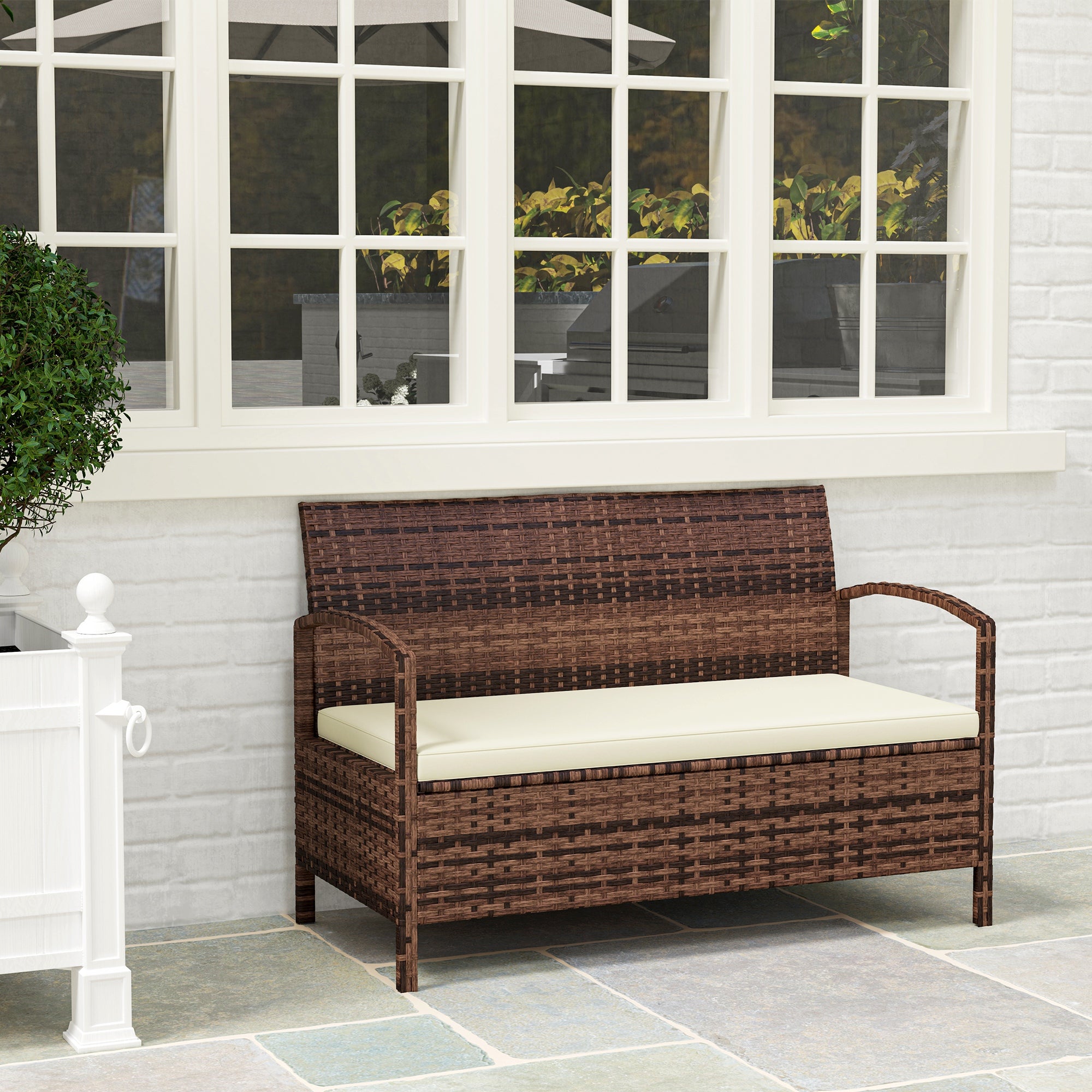 Poly Rattan 2 Seater Garden Bench with Cushion And 125L Storage - Velmora