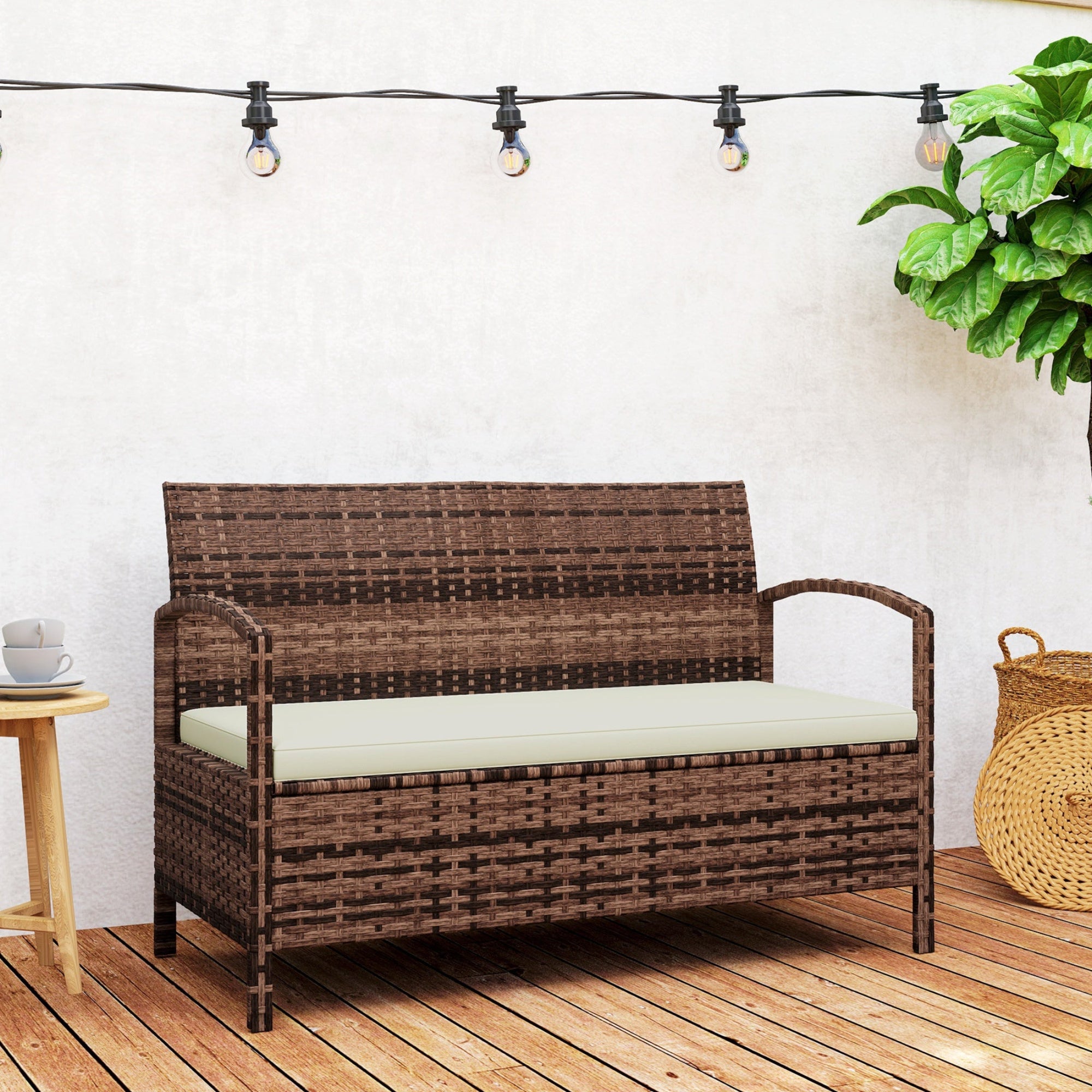 Poly Rattan 2 Seater Garden Bench with Cushion And 125L Storage - Velmora