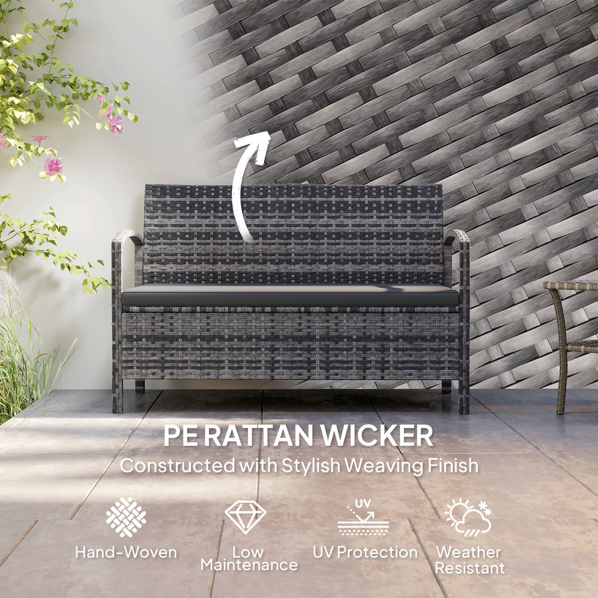 Poly Rattan 2 Seater Garden Bench with Cushion And 125L Storage - Velmora