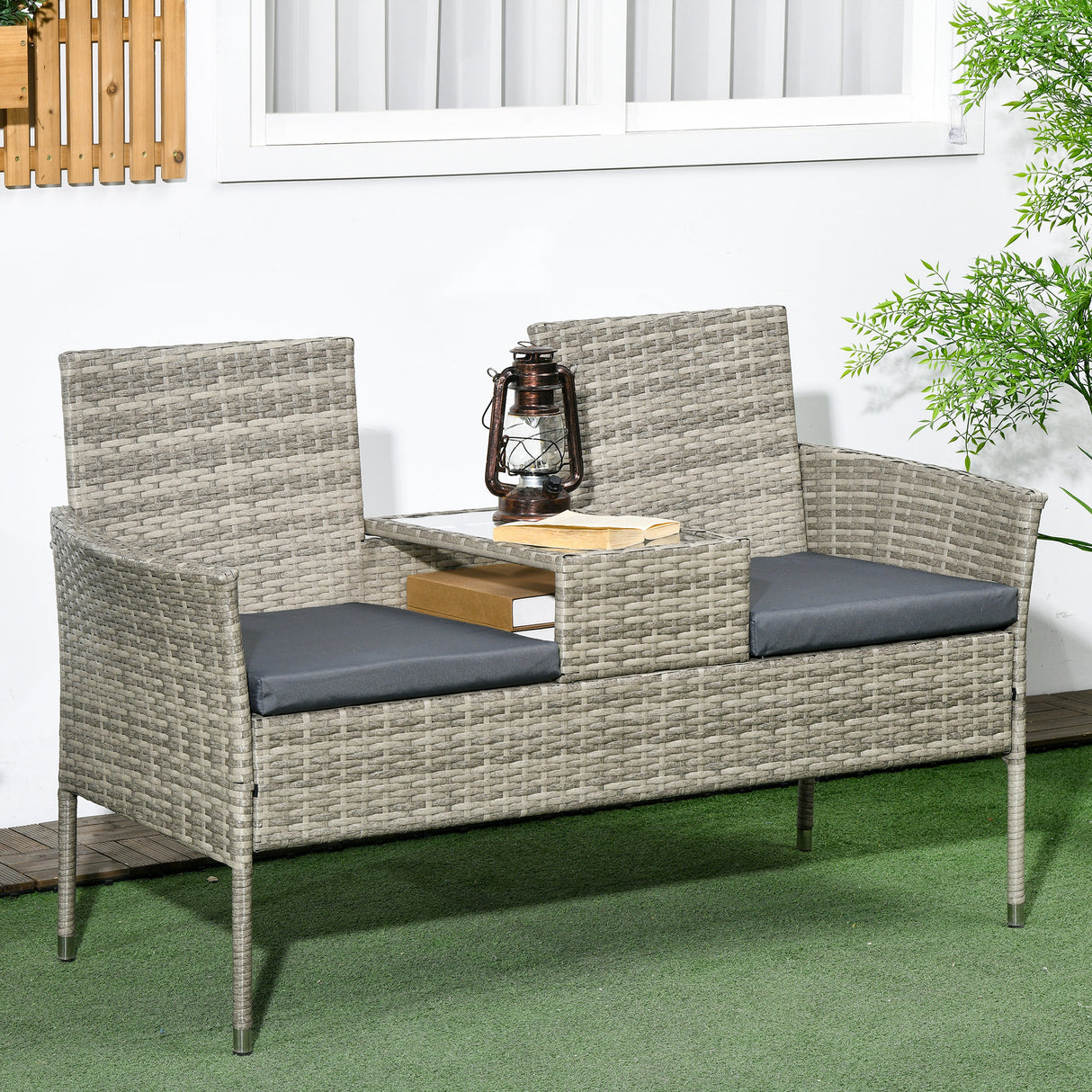 Poly Rattan 2 Seater Garden Chair With Middle Table - Velmora