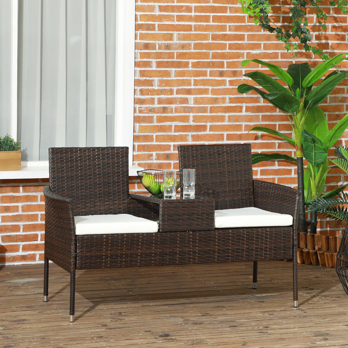 Poly Rattan 2 Seater Garden Chair With Middle Table - Velmora