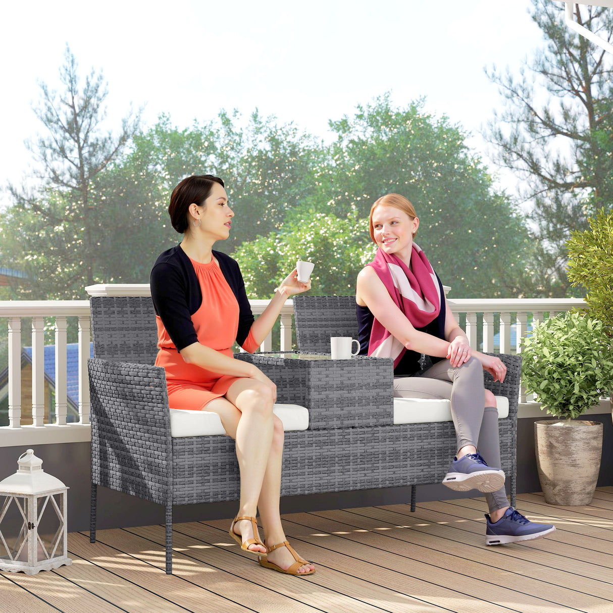 Poly Rattan 2 Seater Garden Chair With Middle Table - Velmora