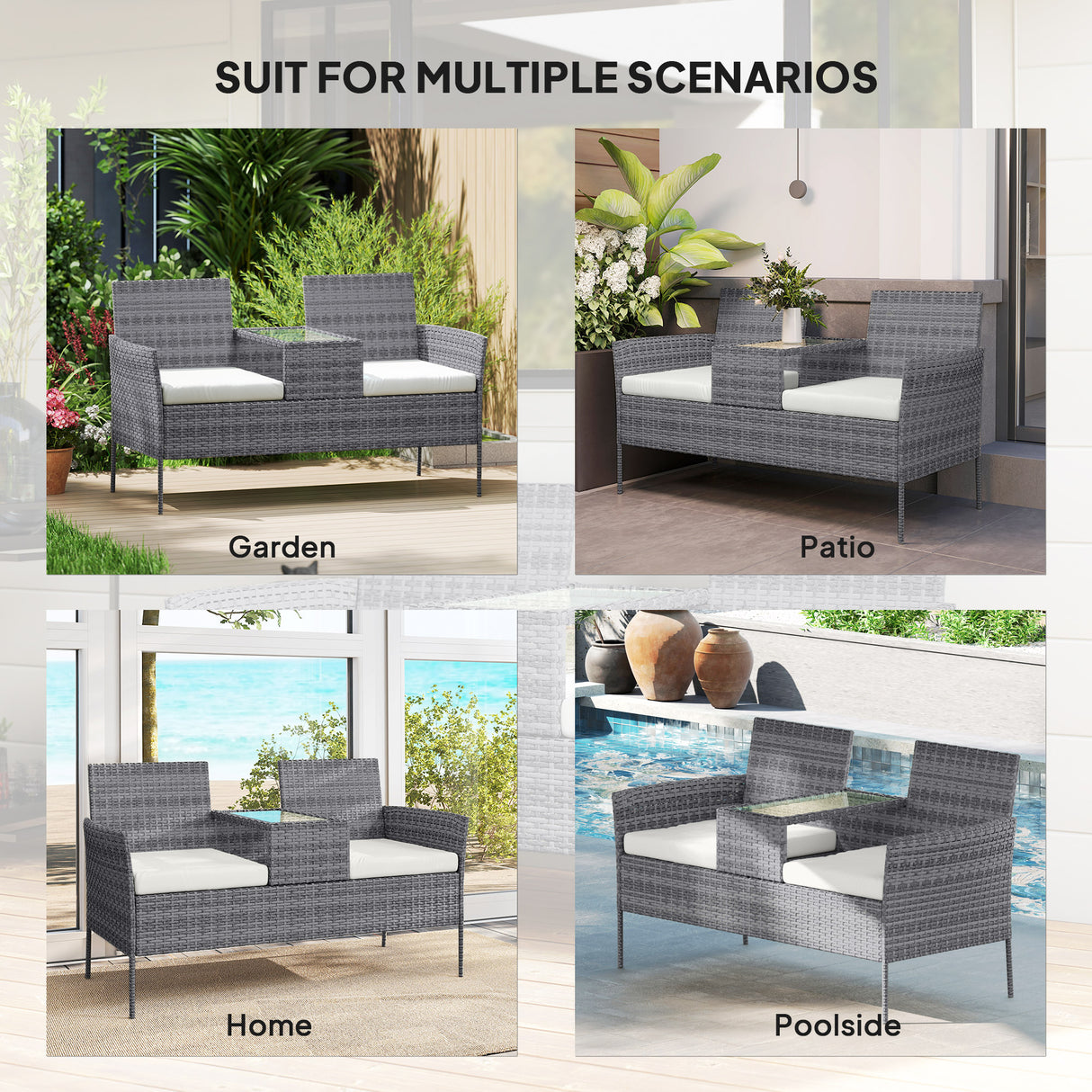 Poly Rattan 2 Seater Garden Chair With Middle Table - Velmora