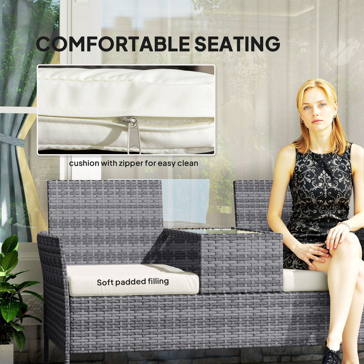 Poly Rattan 2 Seater Garden Chair With Middle Table - Velmora