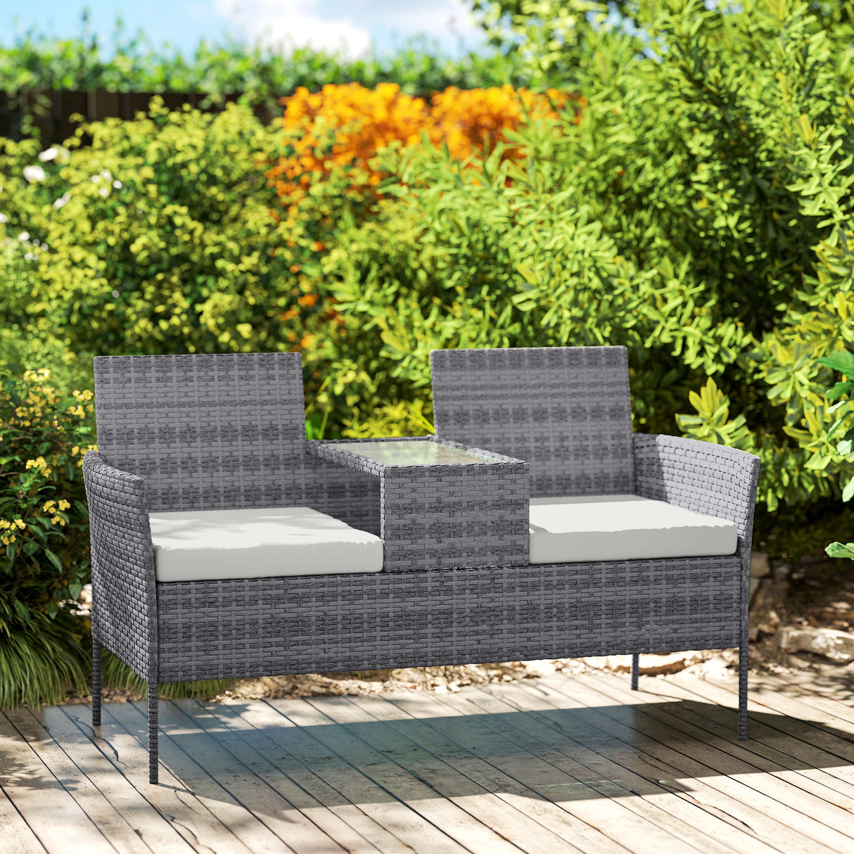 Poly Rattan 2 Seater Garden Chair With Middle Table - Velmora