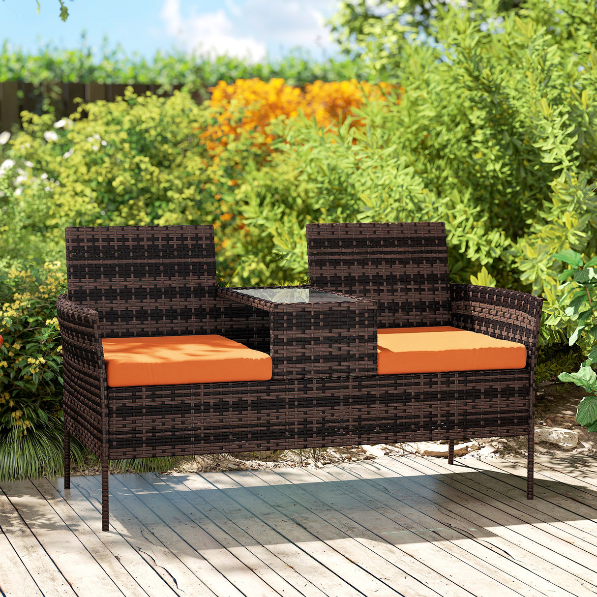 Poly Rattan 2 Seater Garden Chair With Middle Table - Velmora