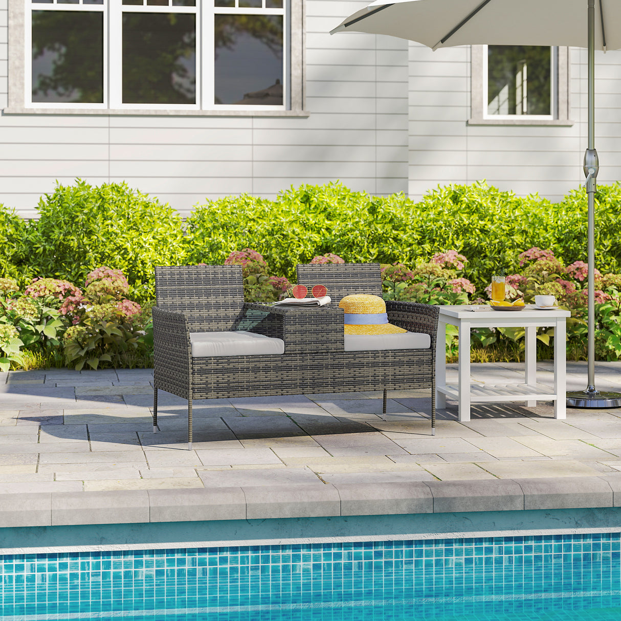 Poly Rattan 2 Seater Garden Chair With Middle Table - Velmora