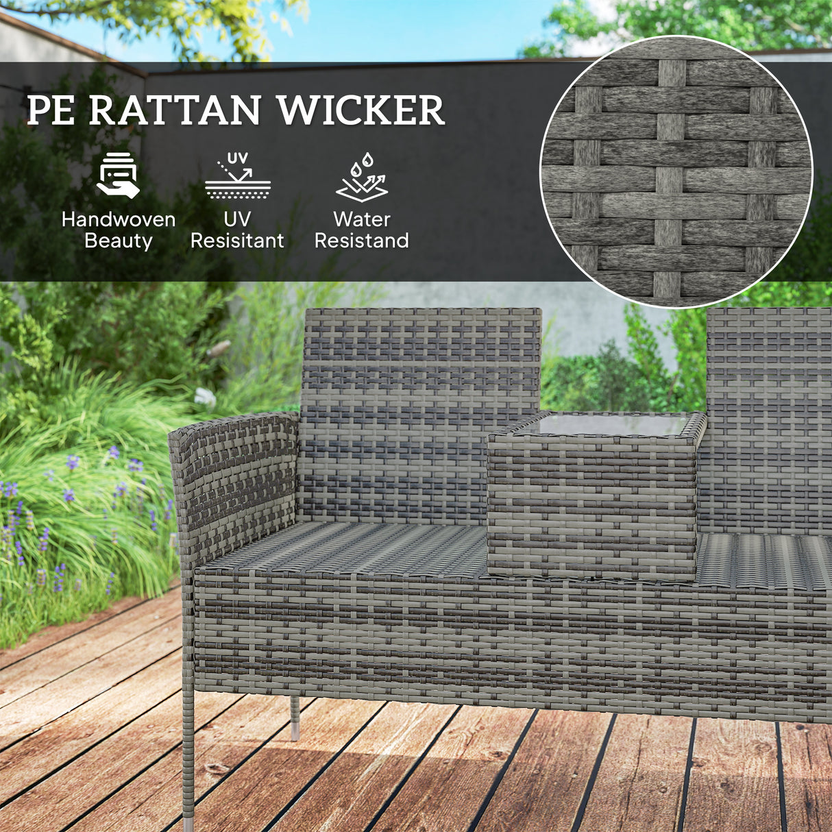 Poly Rattan 2 Seater Garden Chair With Middle Table - Velmora