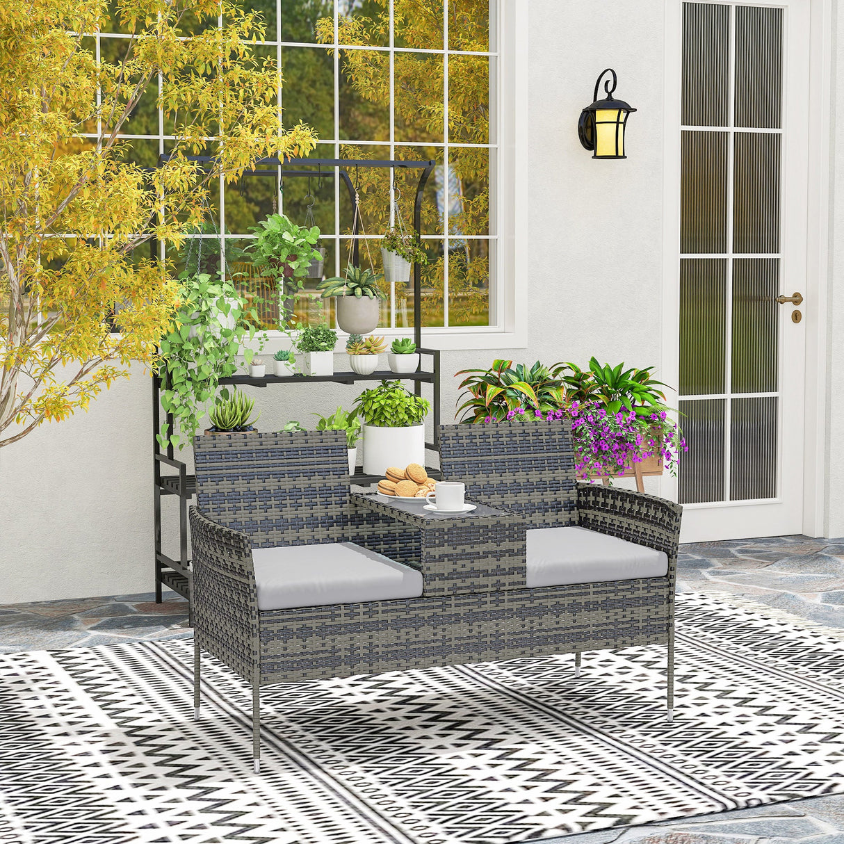 Poly Rattan 2 Seater Garden Chair With Middle Table - Velmora