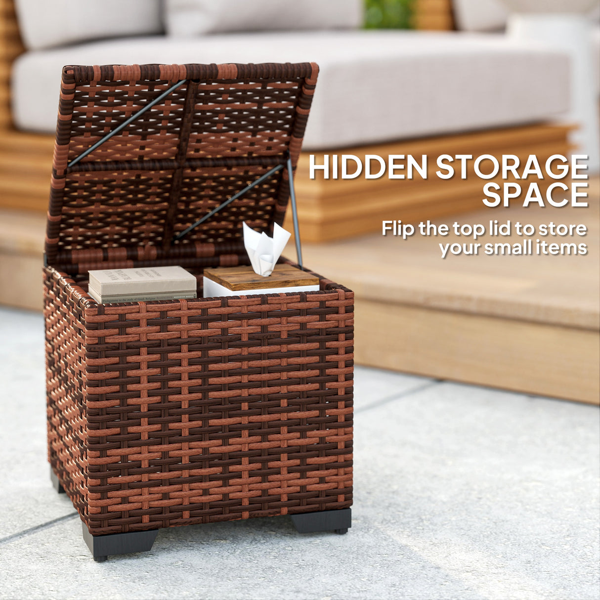 Poly Rattan Storage Ottoman in Set of 2 Outdoor Footstool - Velmora