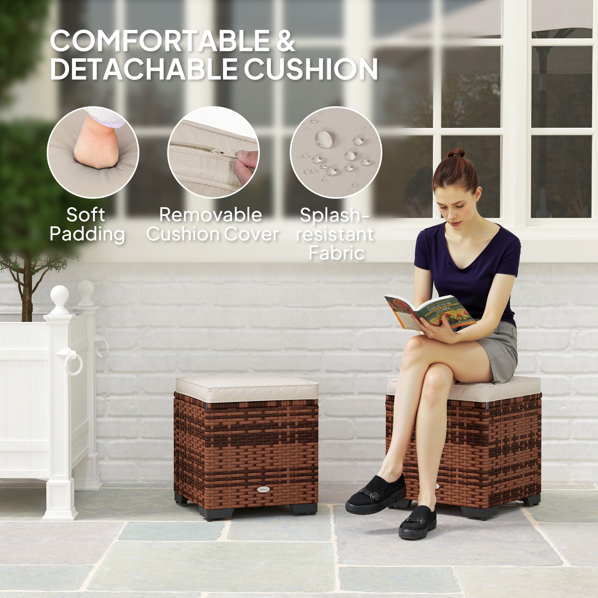 Poly Rattan Storage Ottoman in Set of 2 Outdoor Footstool - Velmora