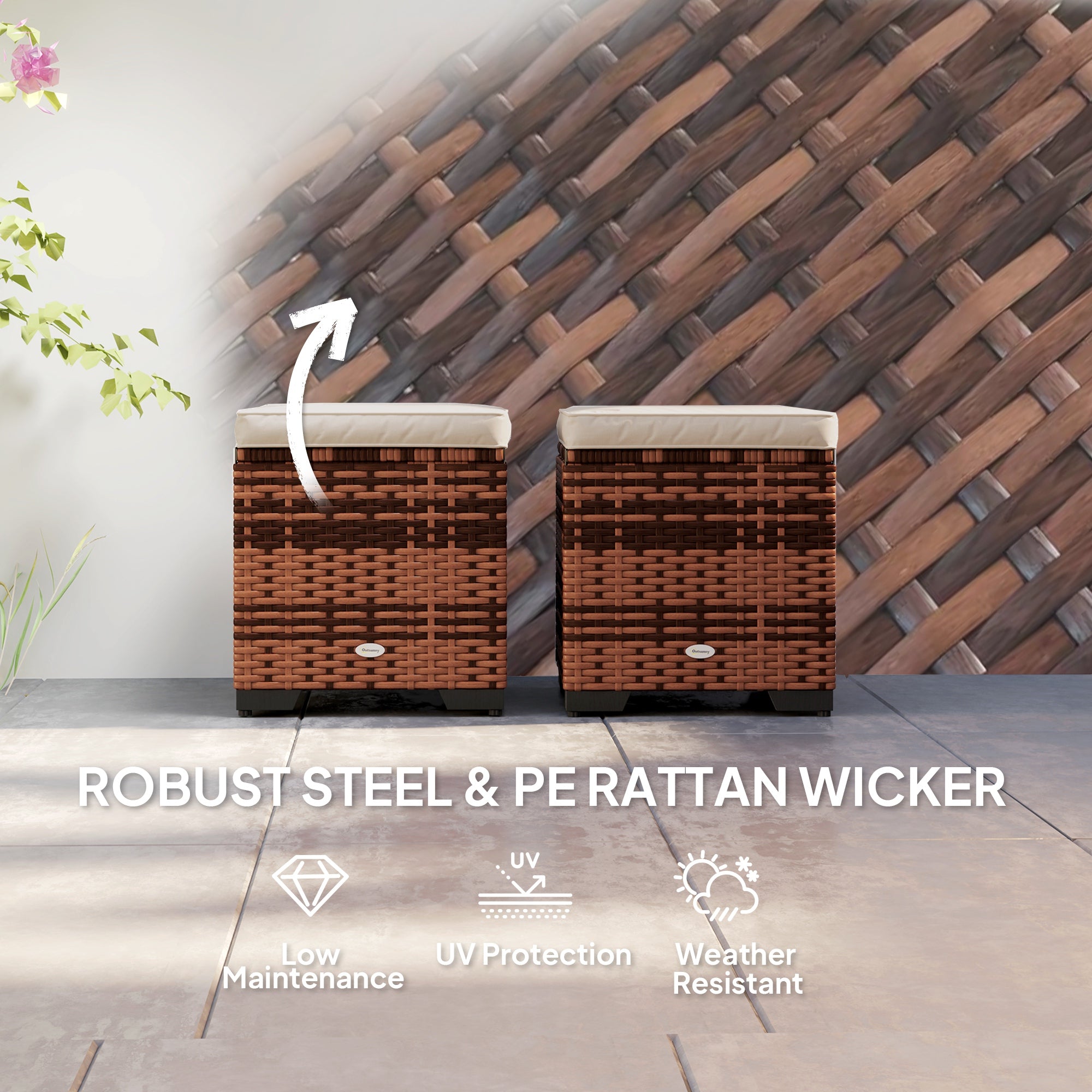 Poly Rattan Storage Ottoman in Set of 2 Outdoor Footstool - Velmora