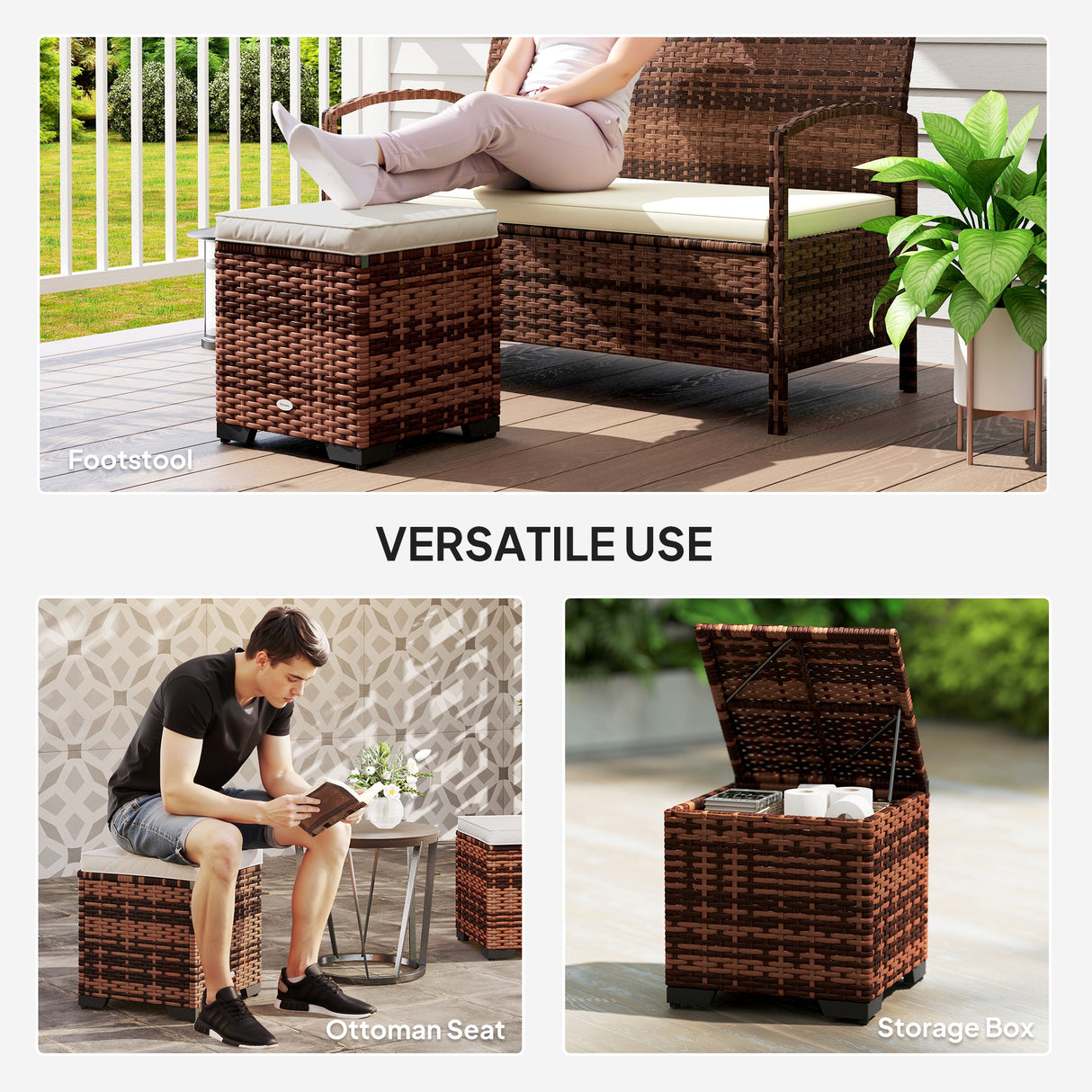 Poly Rattan Storage Ottoman in Set of 2 Outdoor Footstool - Velmora