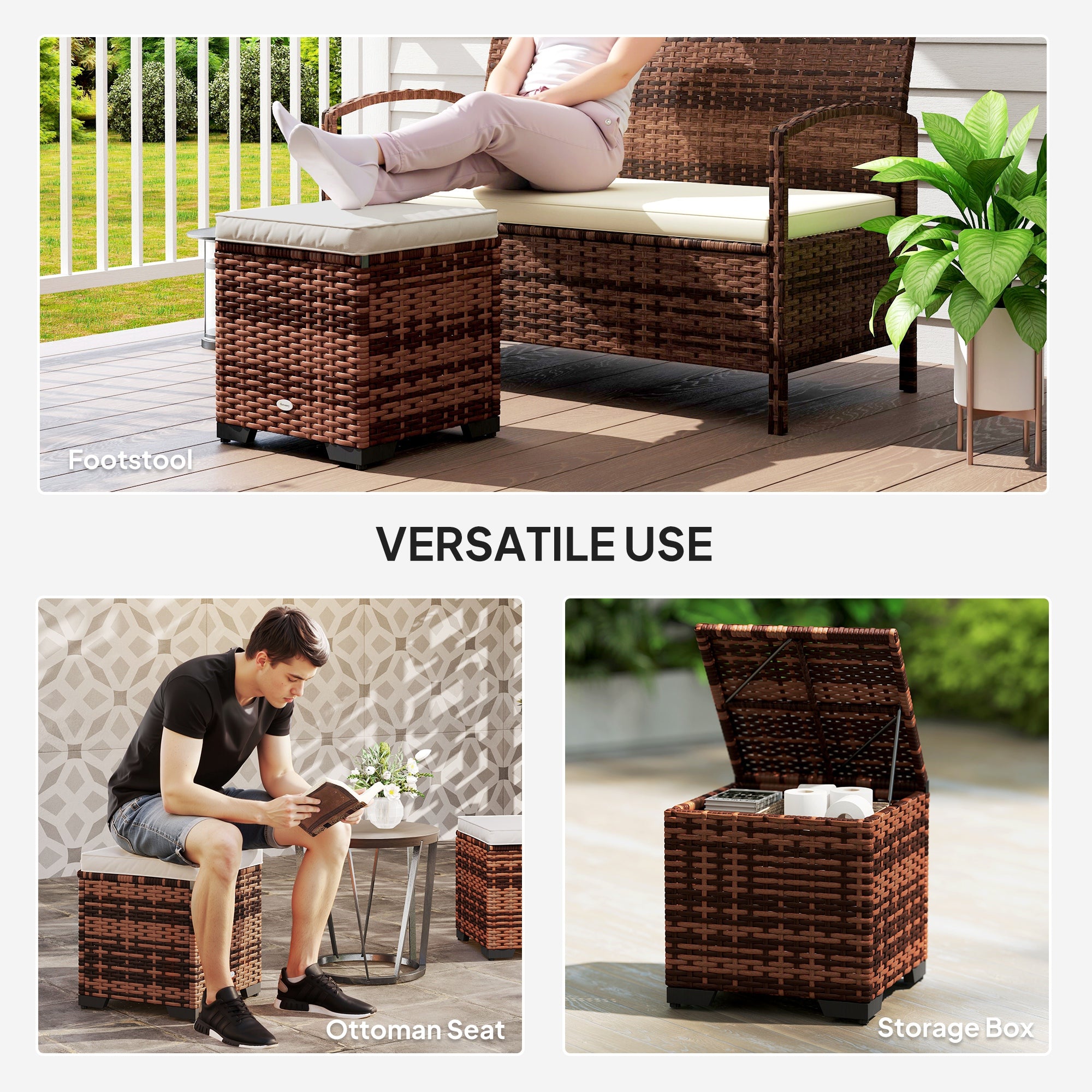 Poly Rattan Storage Ottoman in Set of 2 Outdoor Footstool - Velmora
