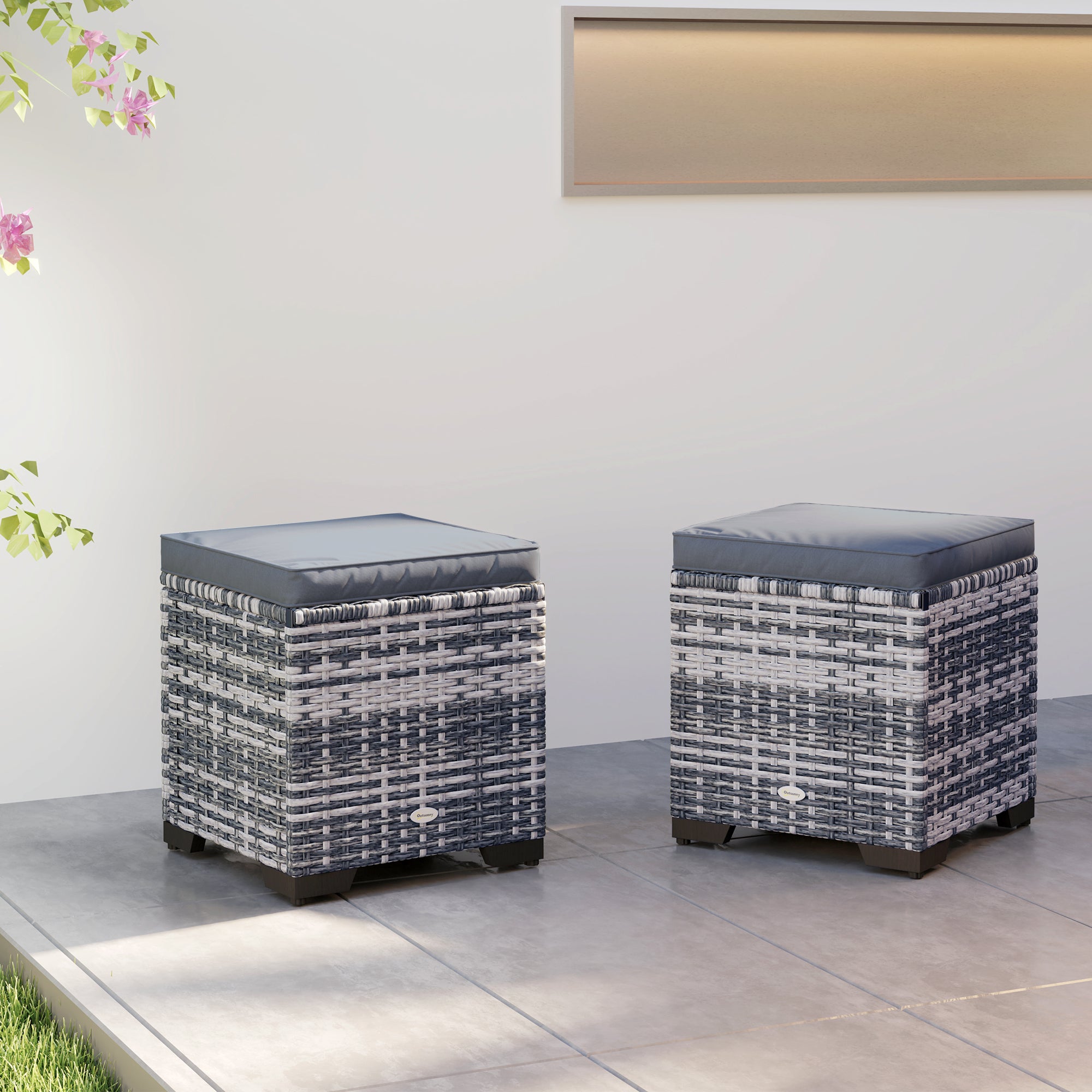 Poly Rattan Storage Ottoman in Set of 2 Outdoor Footstool - Velmora