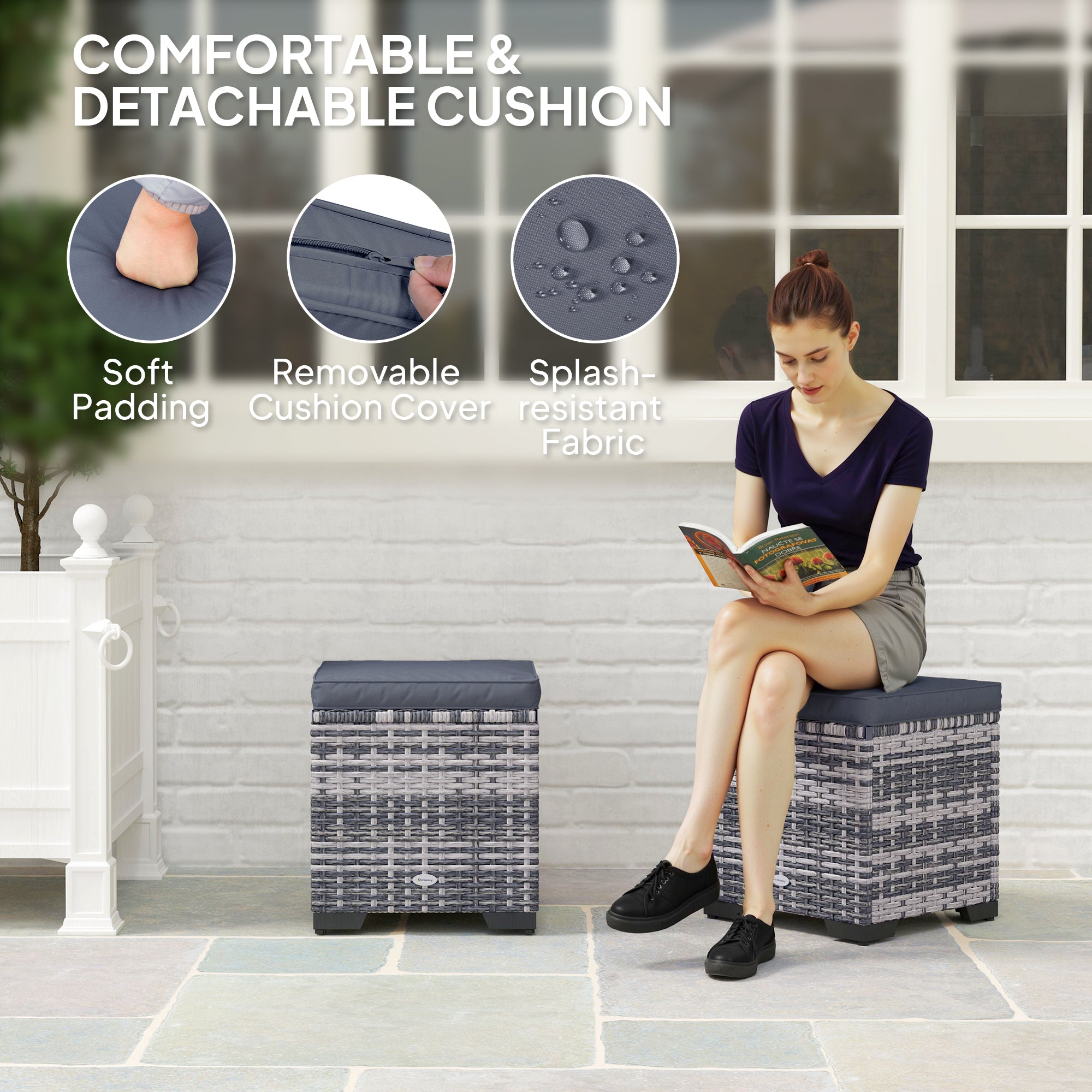 Poly Rattan Storage Ottoman in Set of 2 Outdoor Footstool - Velmora