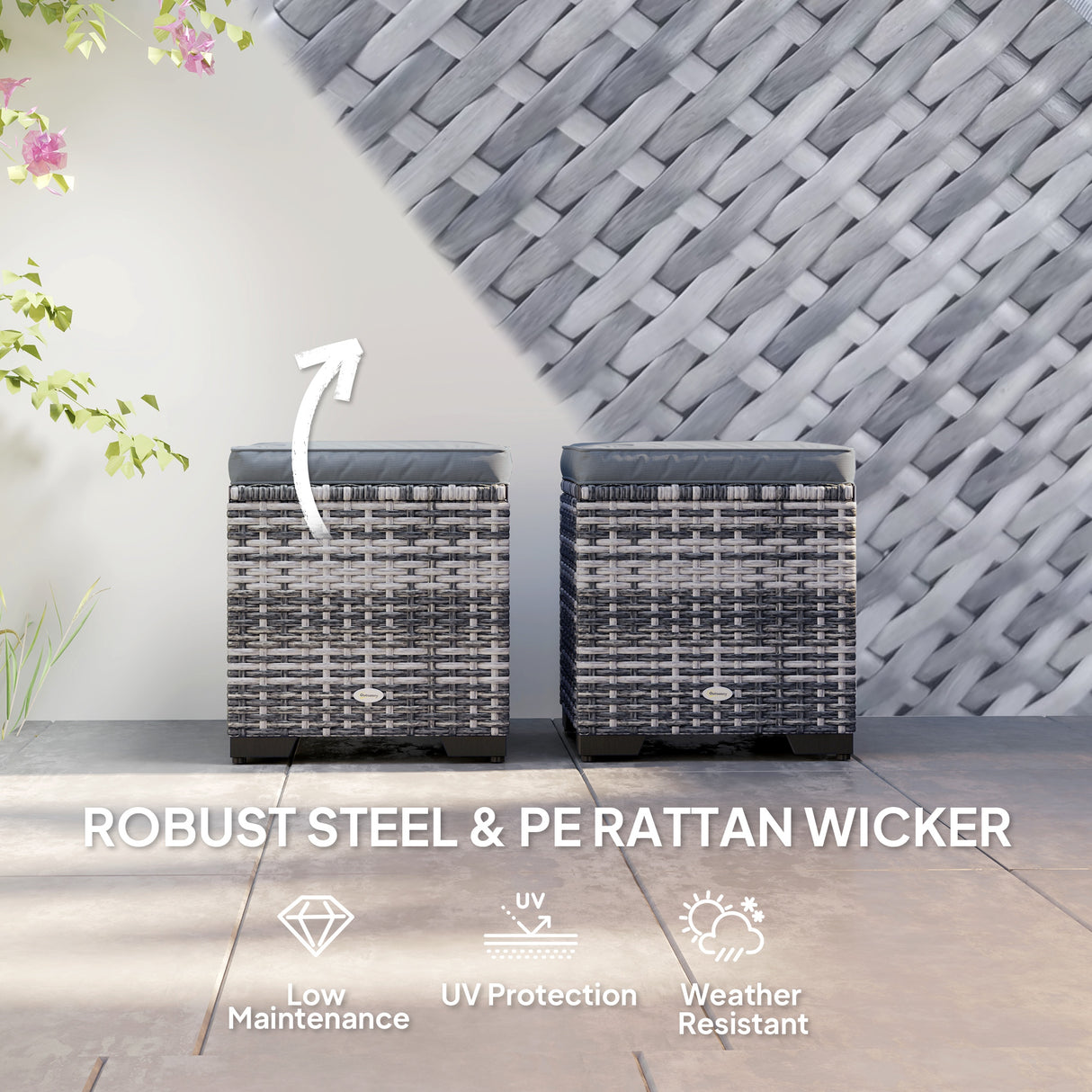 Poly Rattan Storage Ottoman in Set of 2 Outdoor Footstool - Velmora
